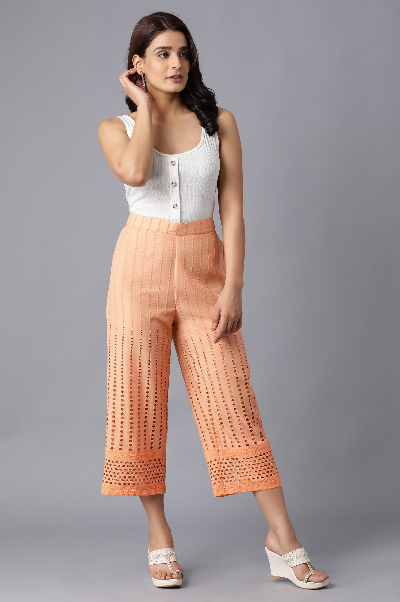 Peach Solid Cotton Culottes