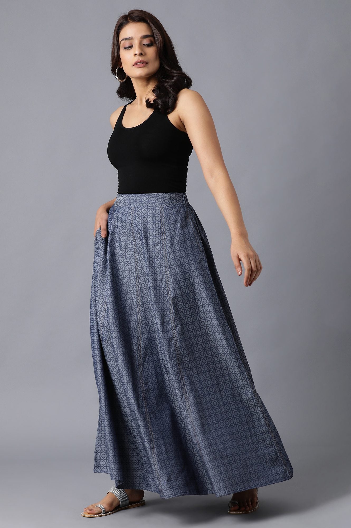 Blue Printed Denim Jacquard Skirt