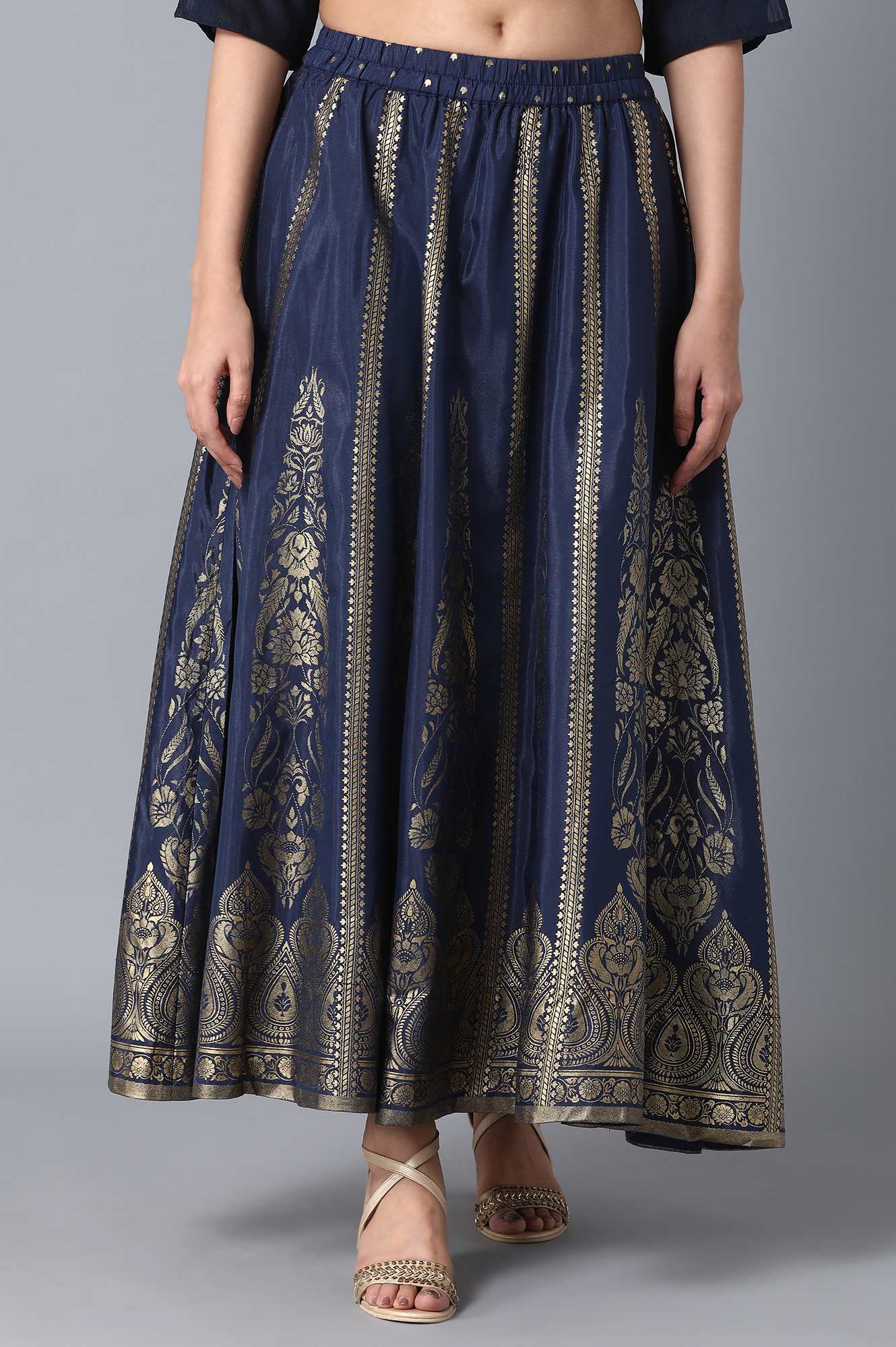 Navy Blue Printed Flared Skirt