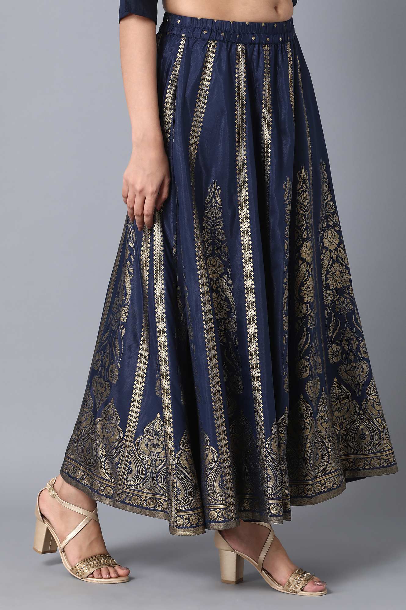 Navy Blue Printed Flared Skirt