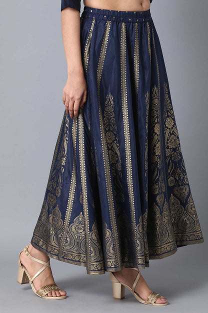 Navy Blue Printed Flared Skirt