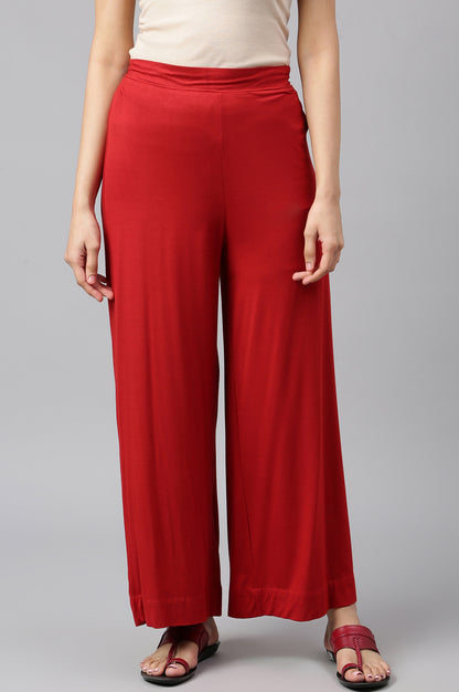 Red Solid Knitted Angle Length Palazzo