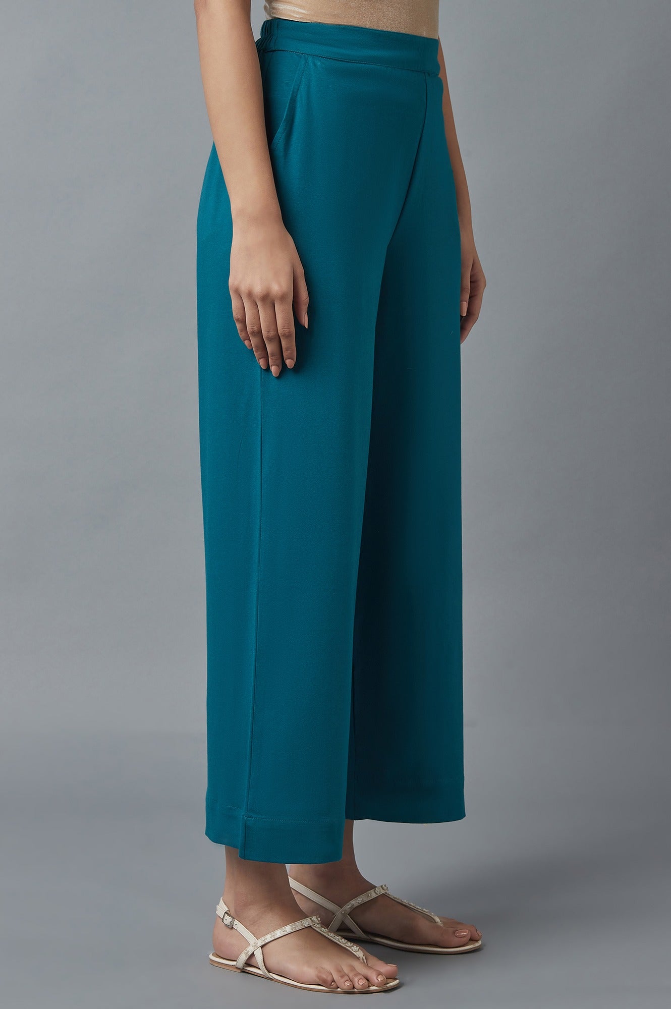 Teal Cotton Lycra Straight Palazzo