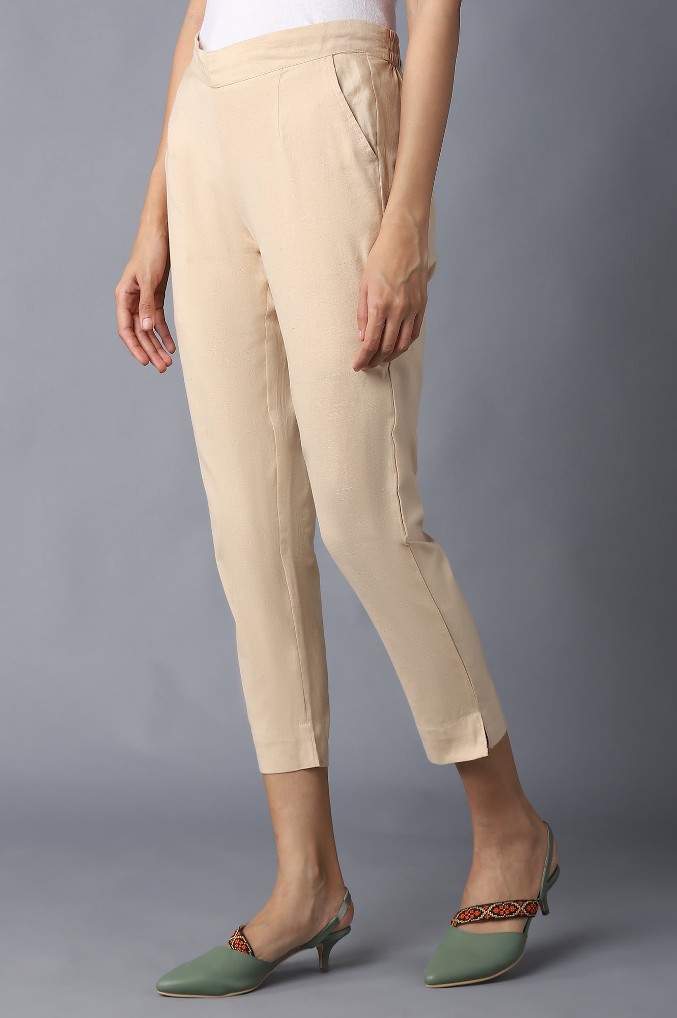 Beige Solid Trousers