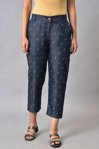 Blue Printed Denim Trouser Pants