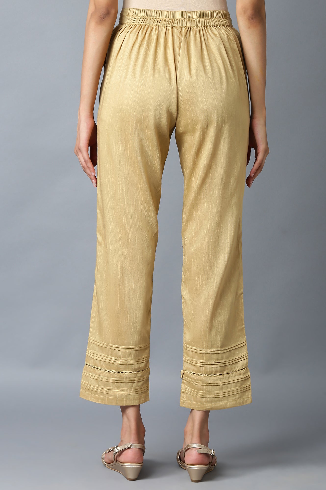 Beige Yarn-Dyed Solid Trousers