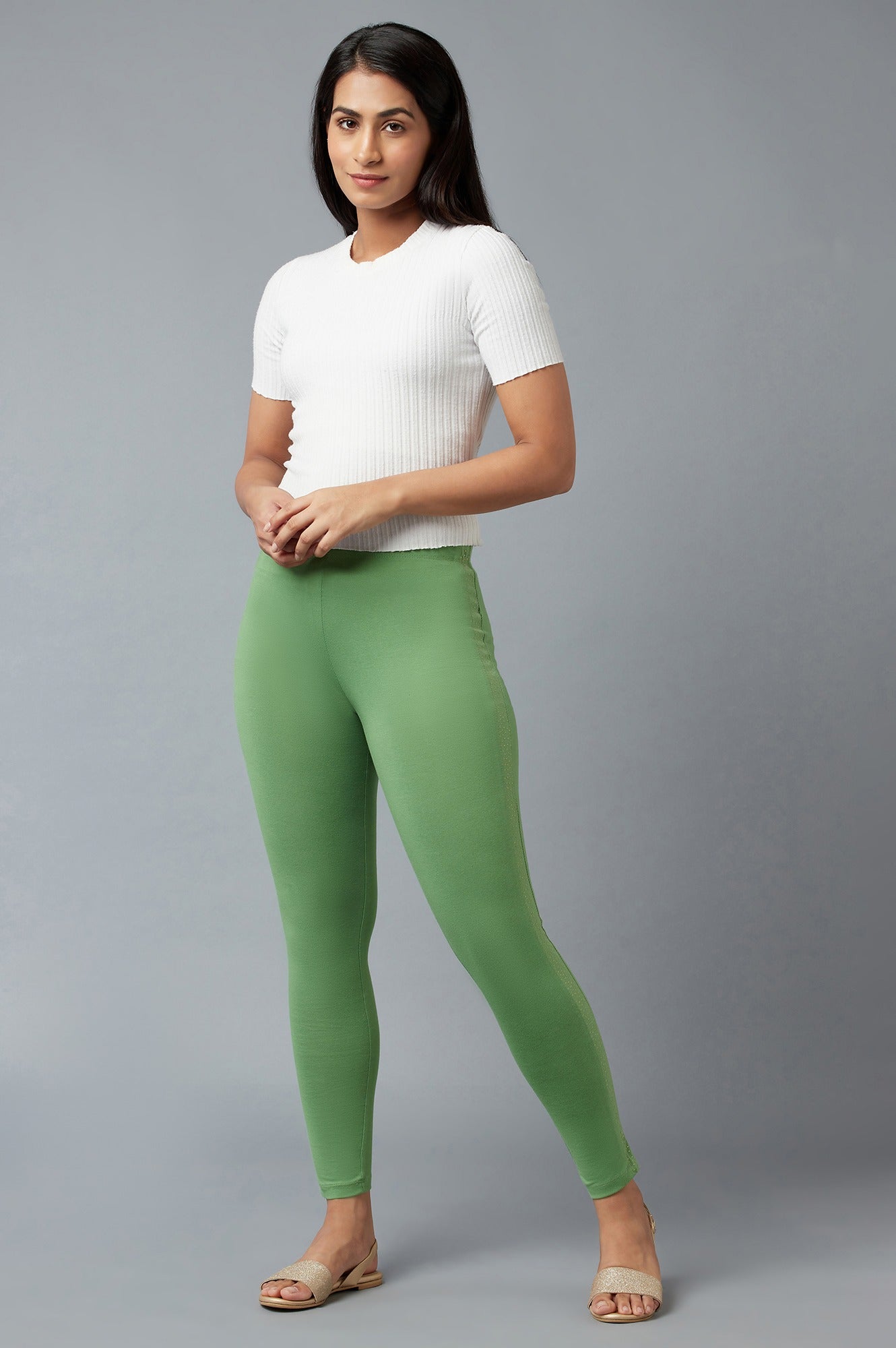 Green Cotton Lycra Tights For Women