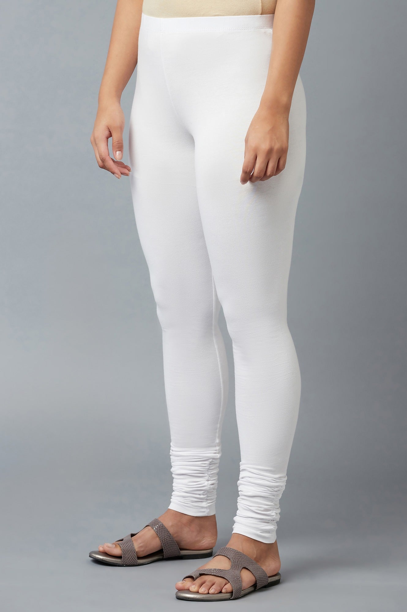 Women White Ankle Length Cotton Lycra Churidar