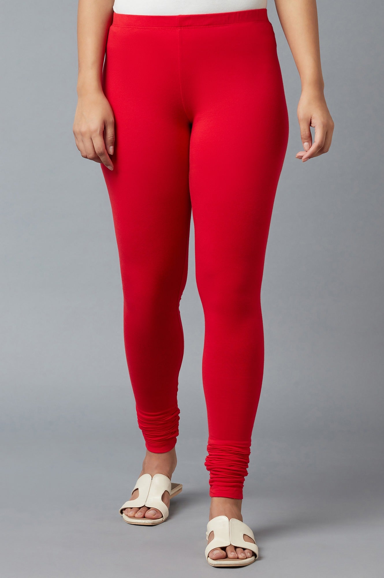 Women Red Ankle Length Cotton Lycra Churidar