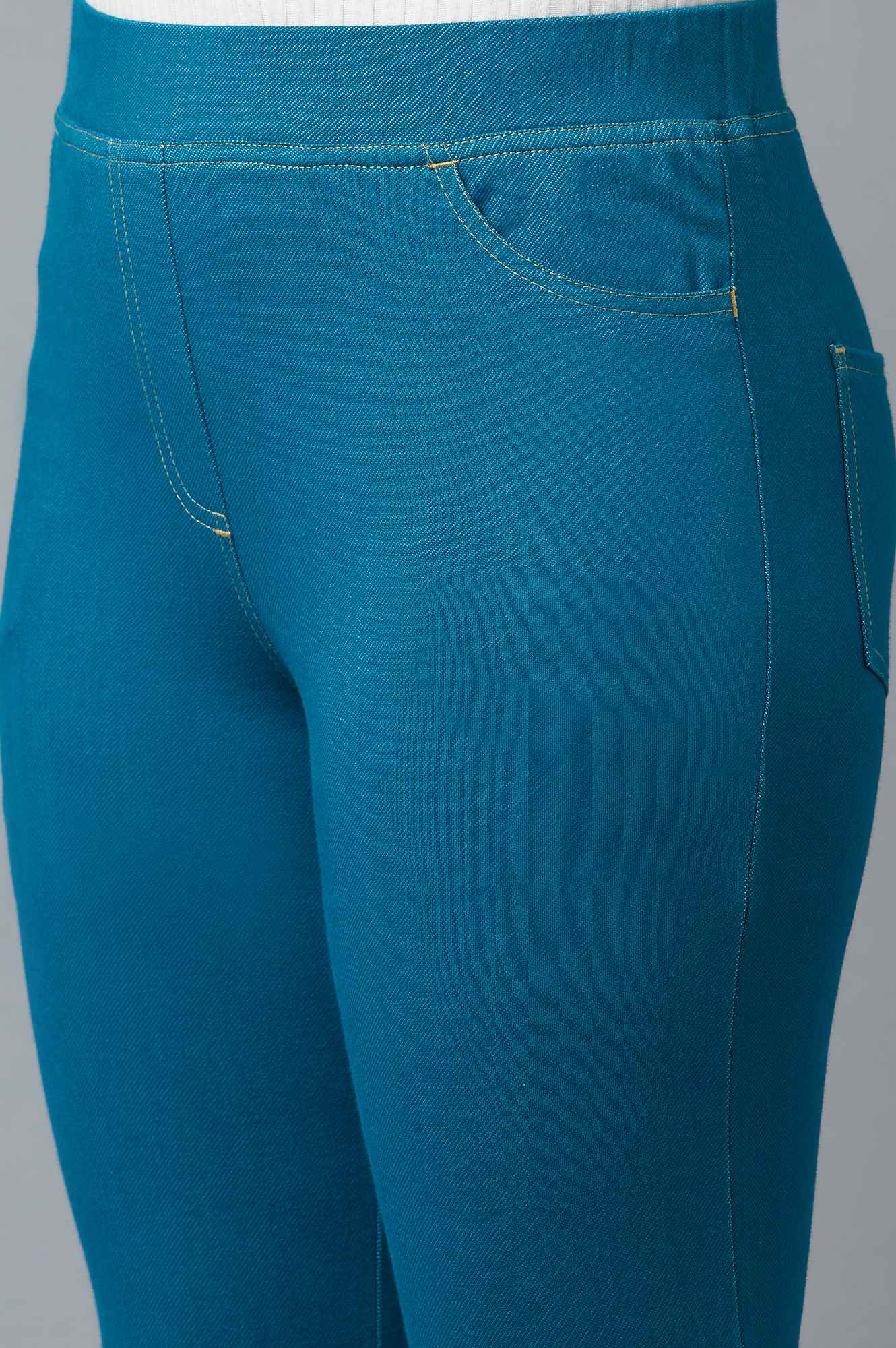 Blue Yarn-Dyed Knitted Jeggings