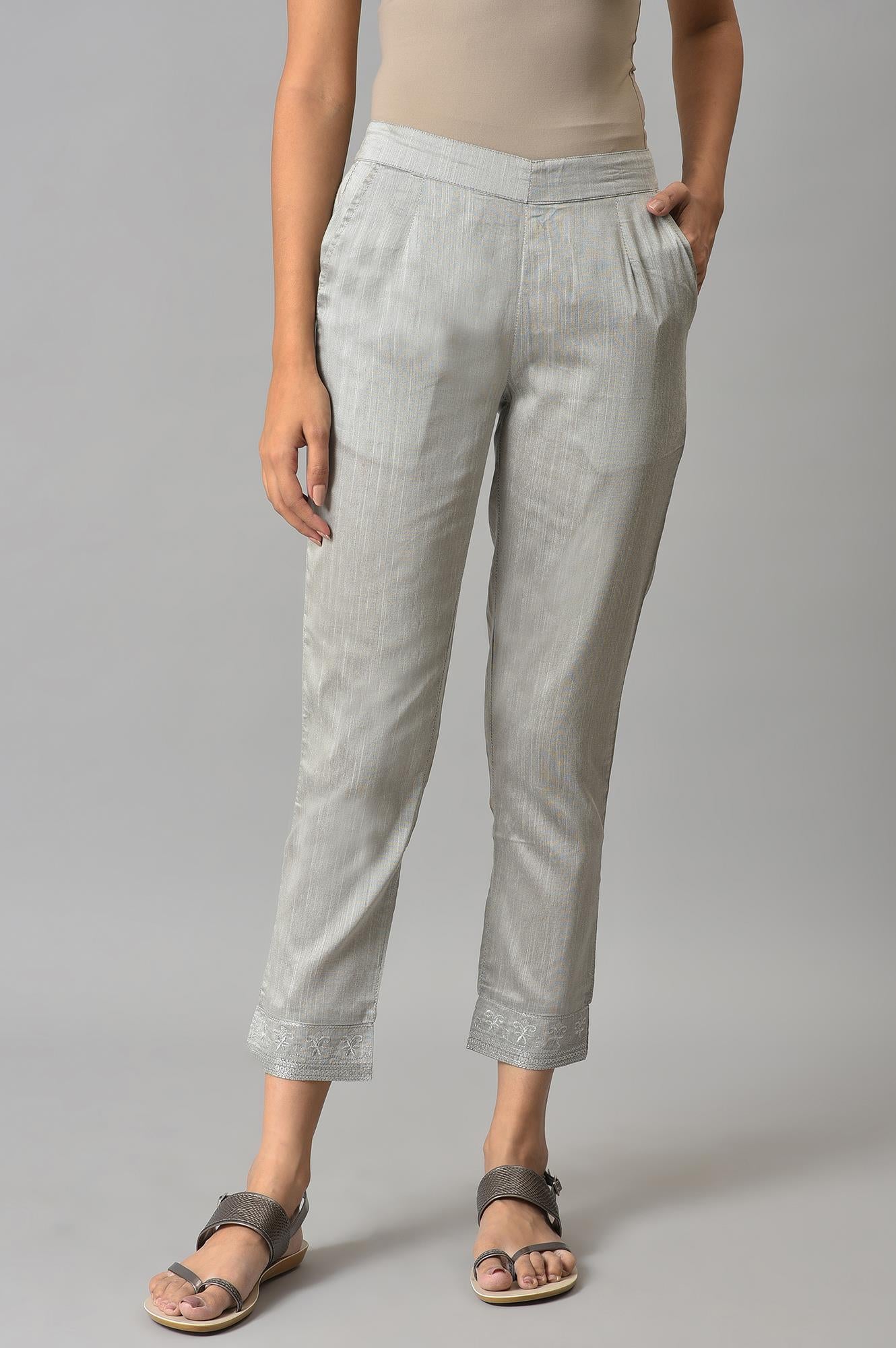 Grey Yarn-Dyed Gathered Trouser Pants