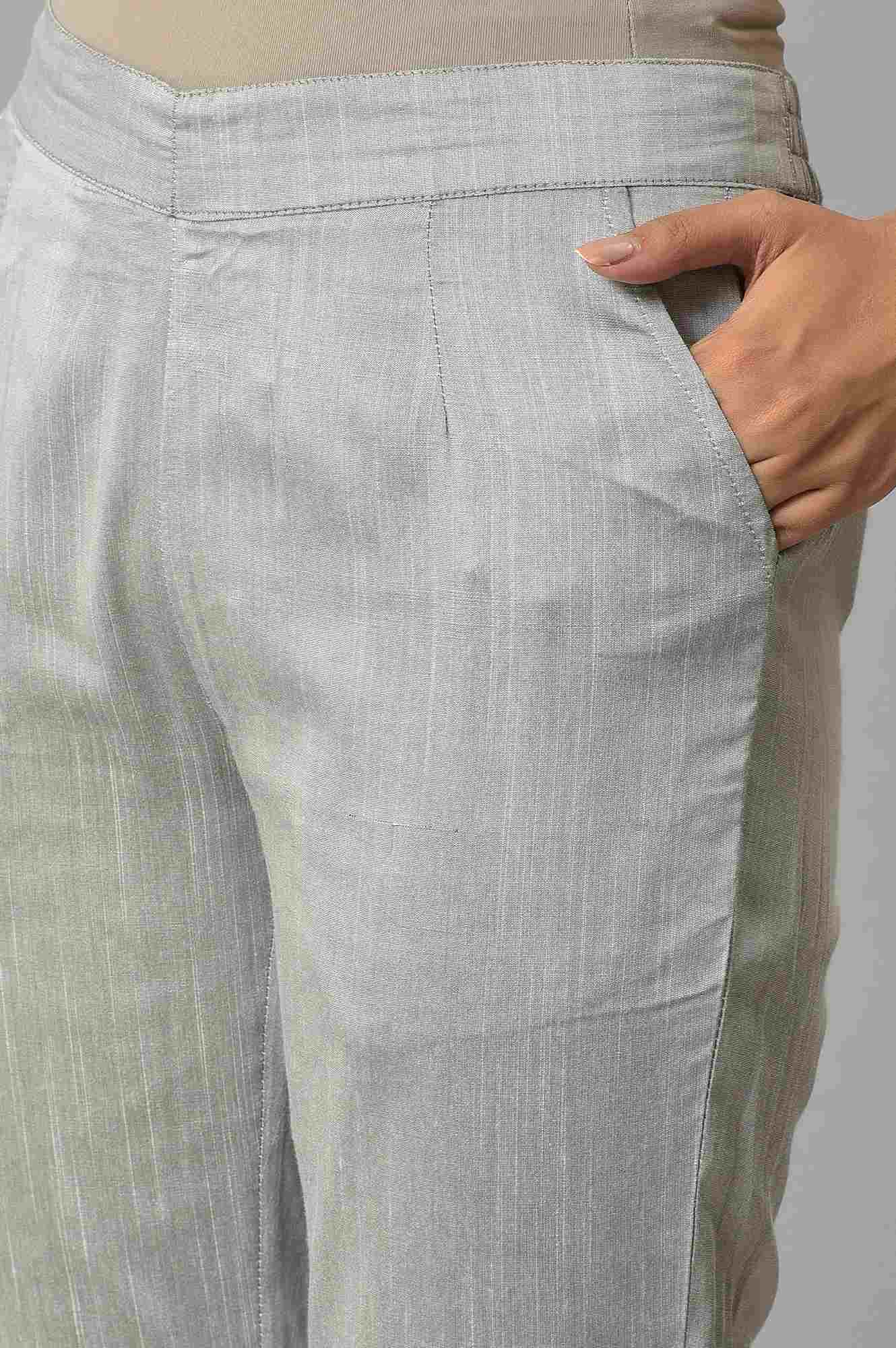 Grey Yarn-Dyed Gathered Trouser Pants