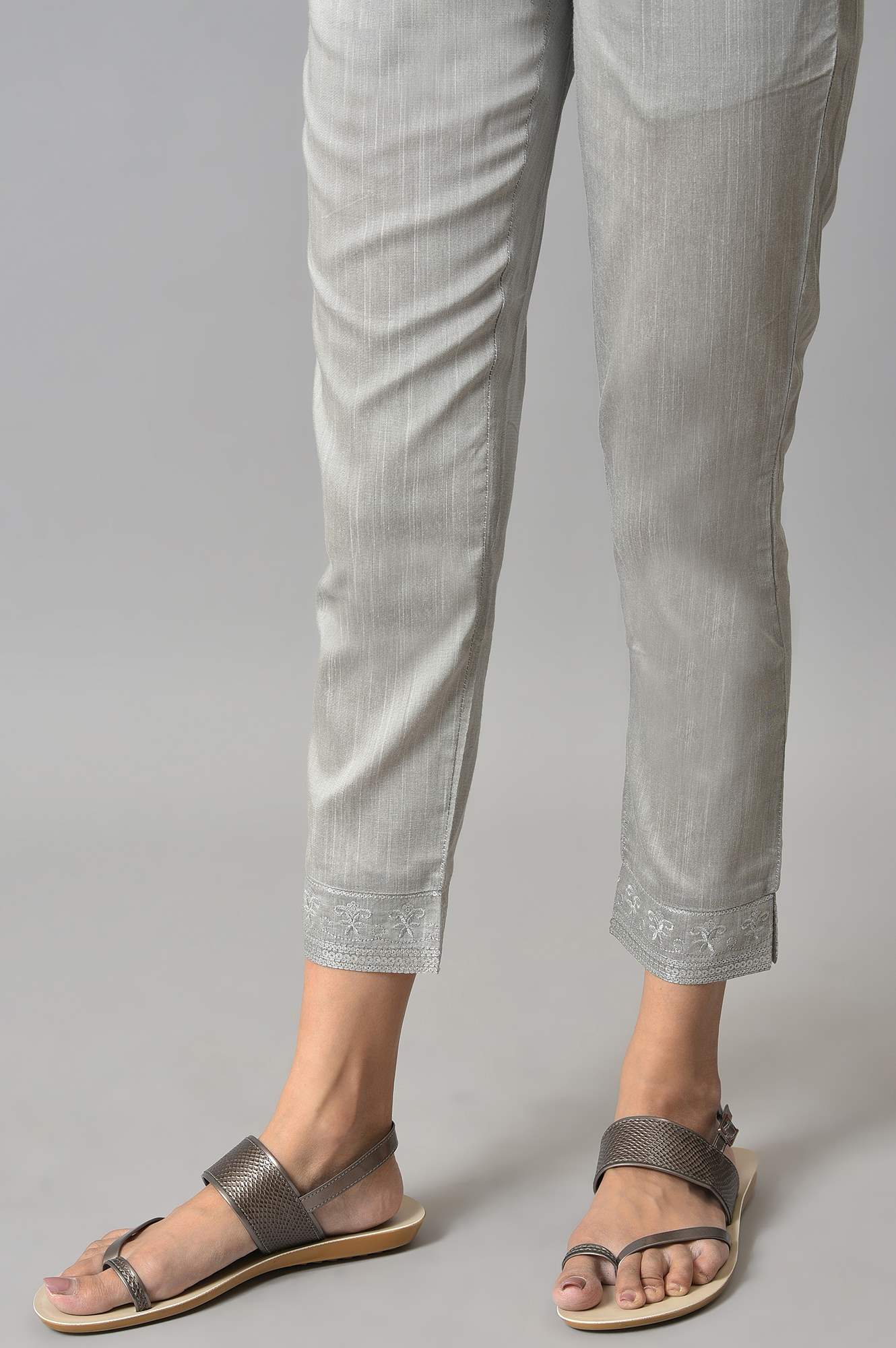 Grey Yarn-Dyed Gathered Trouser Pants