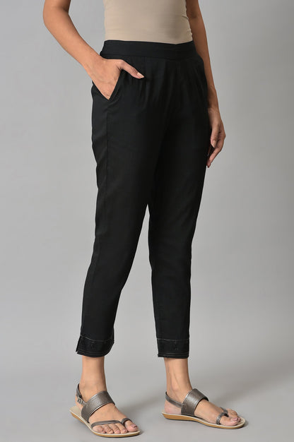 Black Yarn-Dyed Gathered Trouser Pants