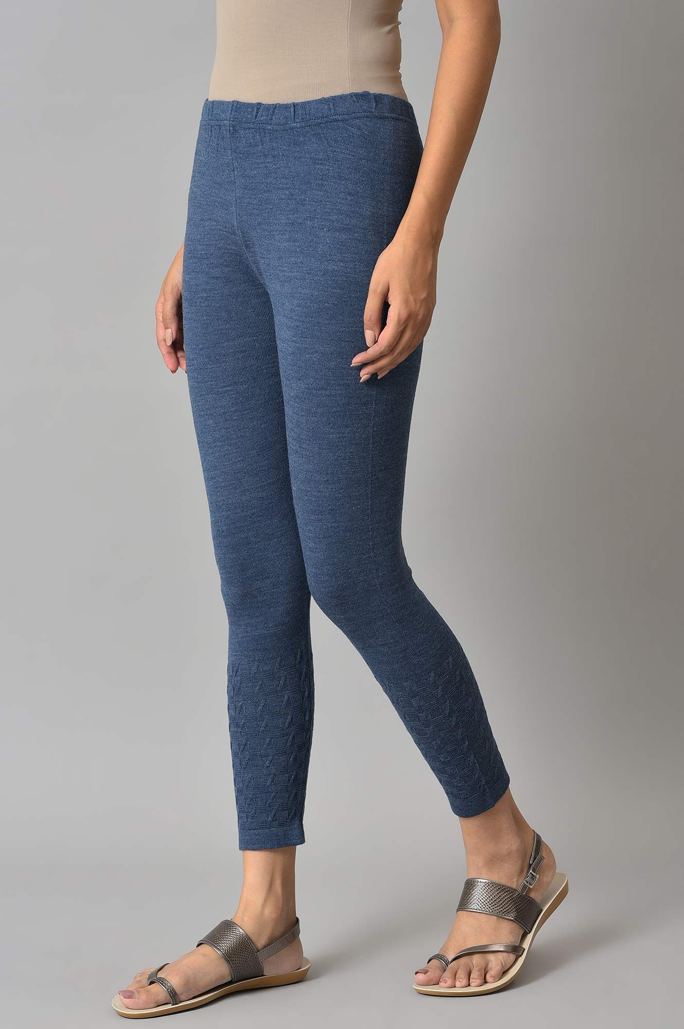 Blue Knitted Solid Winter Tights