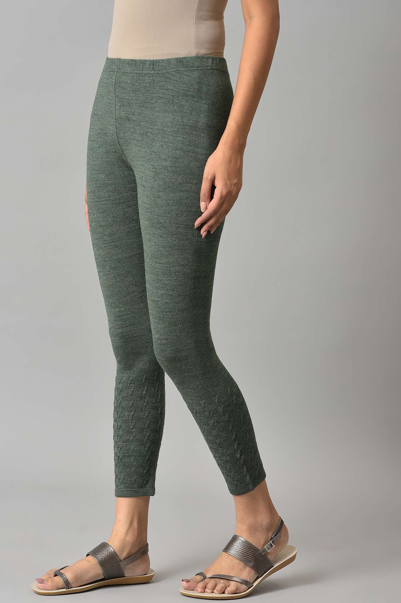 Green Knitted Solid Winter Tights