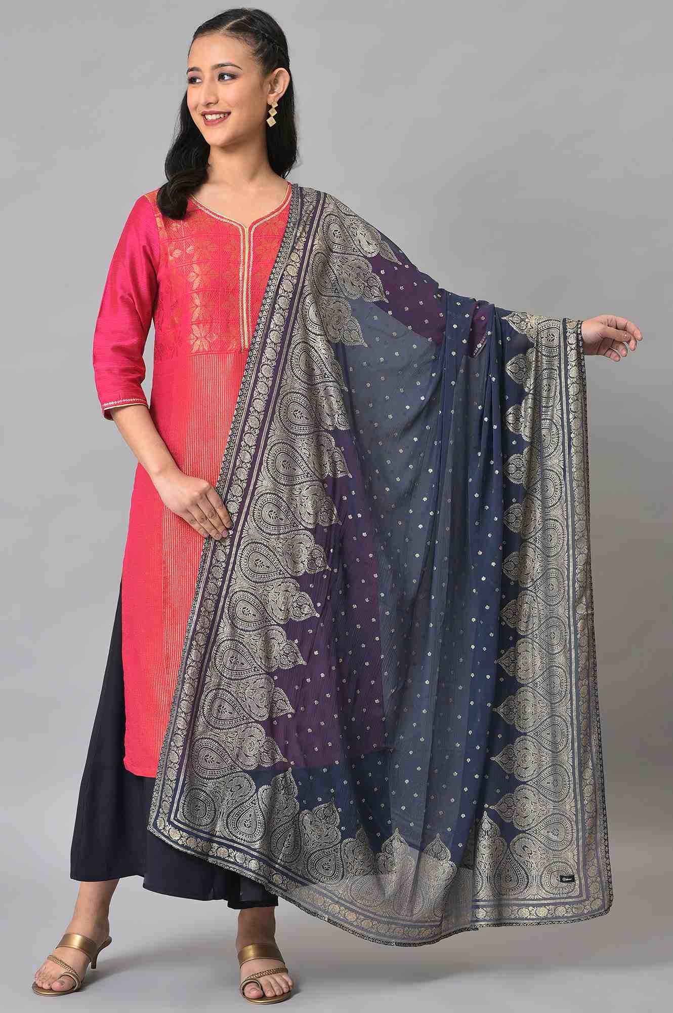 Navy Silver Chiffon Printed Dupatta