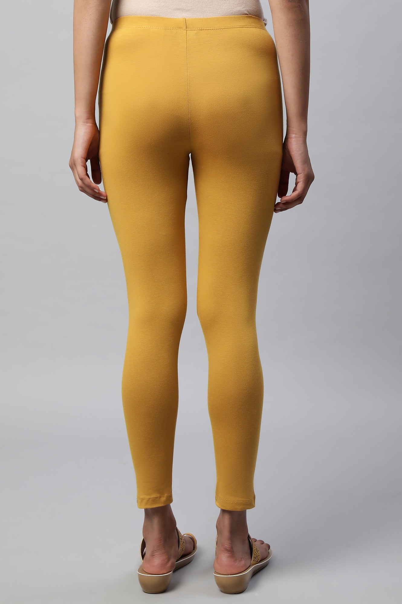 Yellow Cotton Lycra Cropped Tights