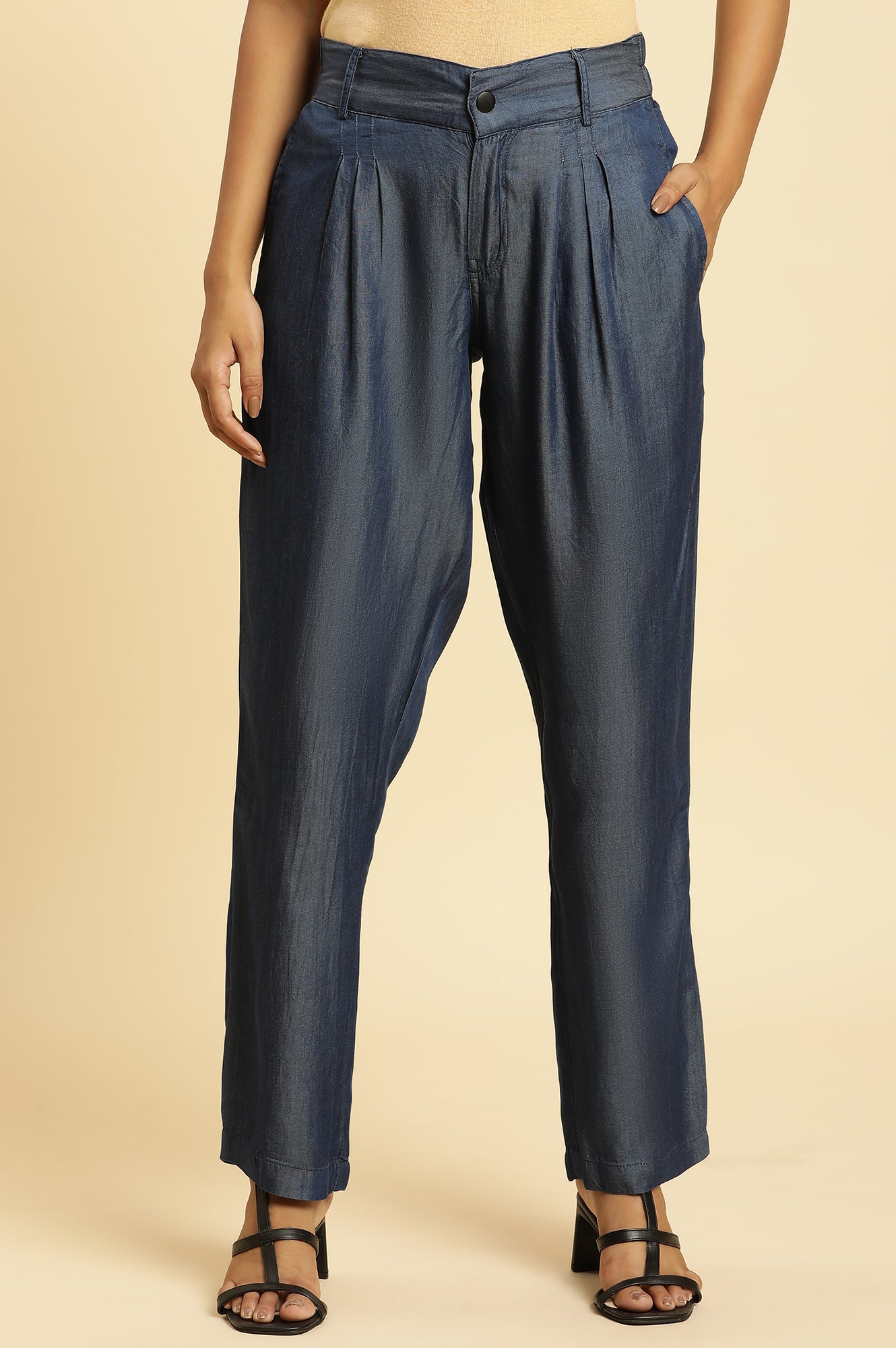 Blue Denim Tencil Pleated Parallel Pants