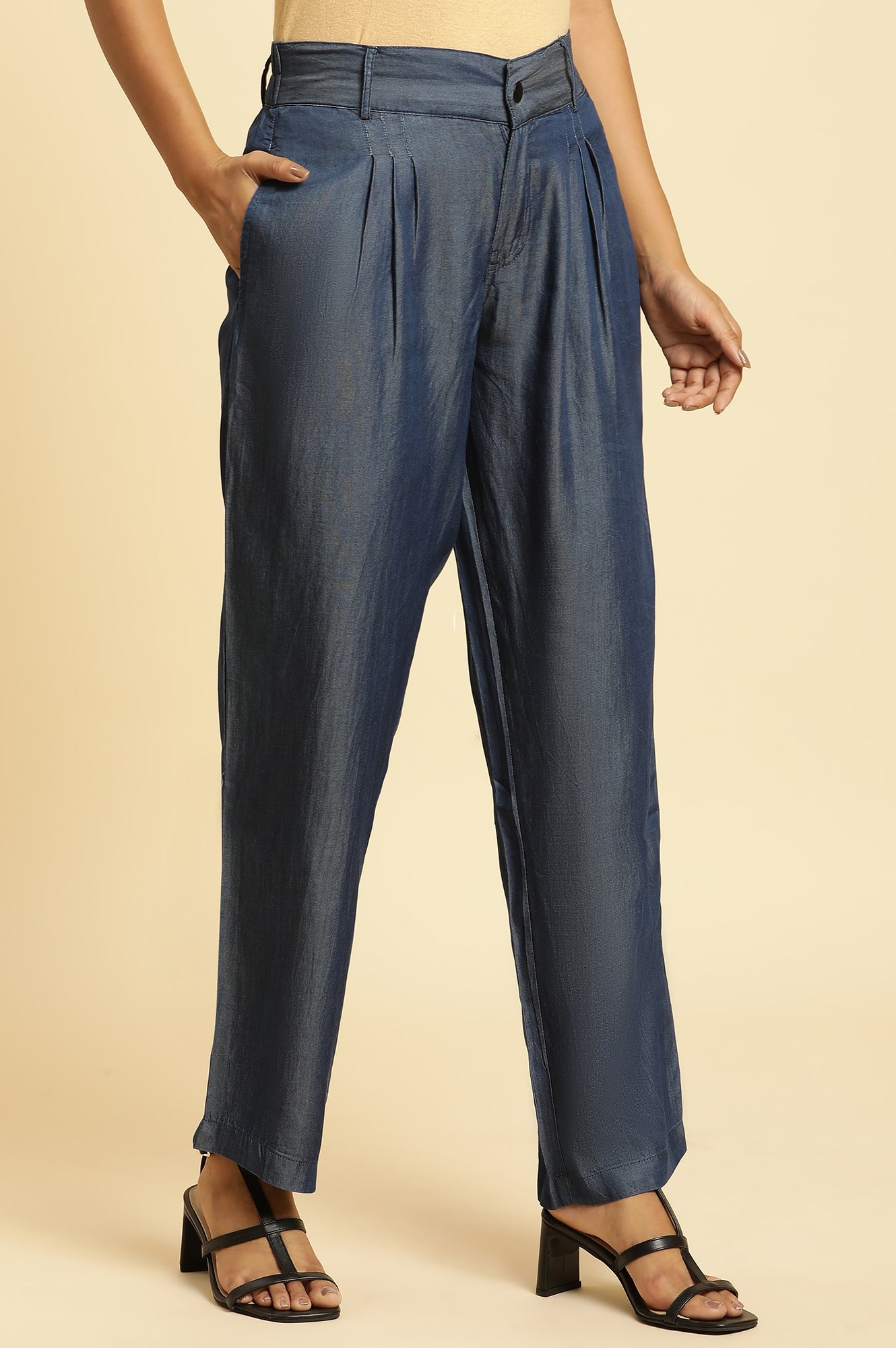 Blue Denim Tencil Pleated Parallel Pants