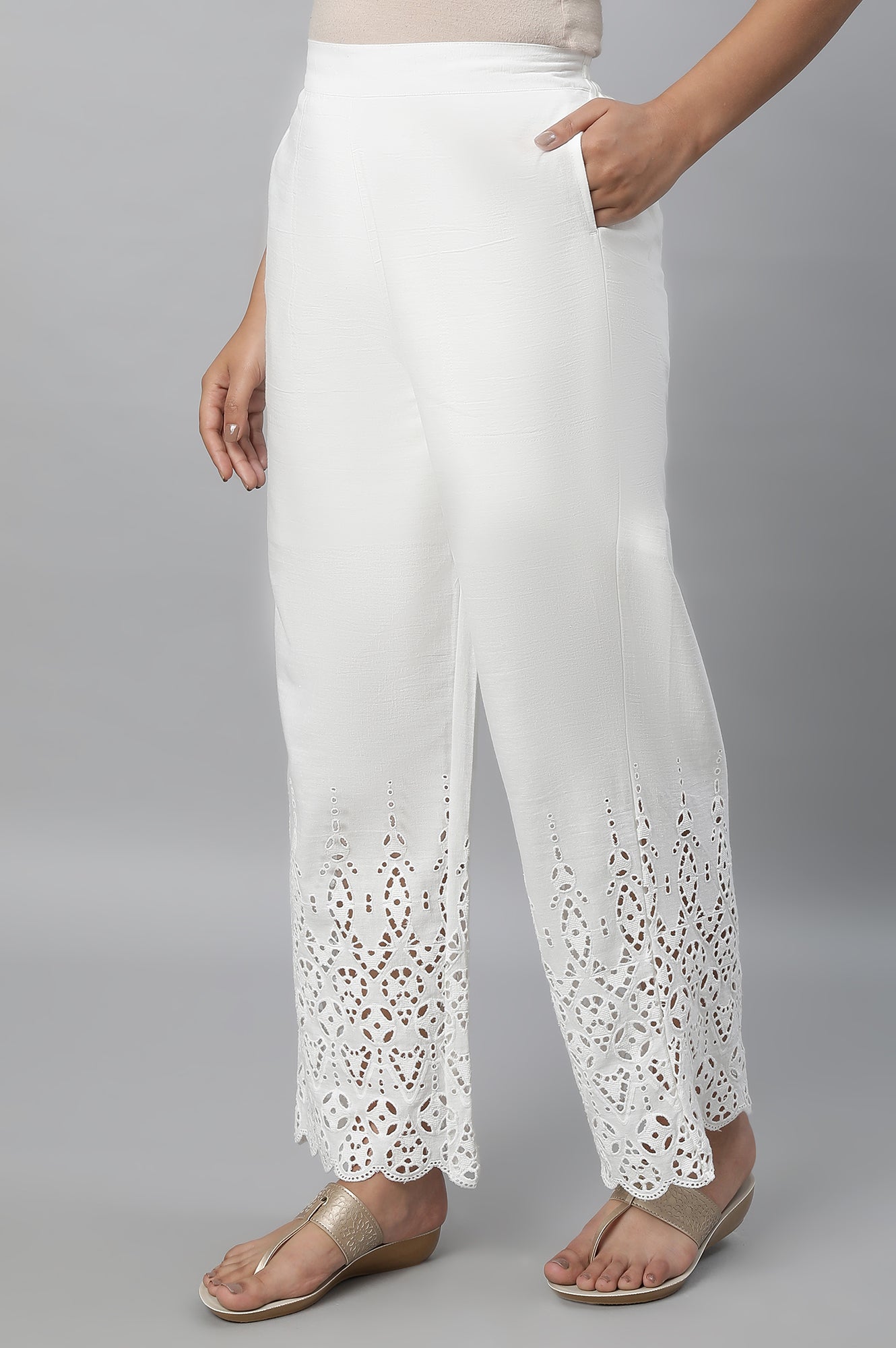 White Rayon Flax Schiffli Palazzo Pants