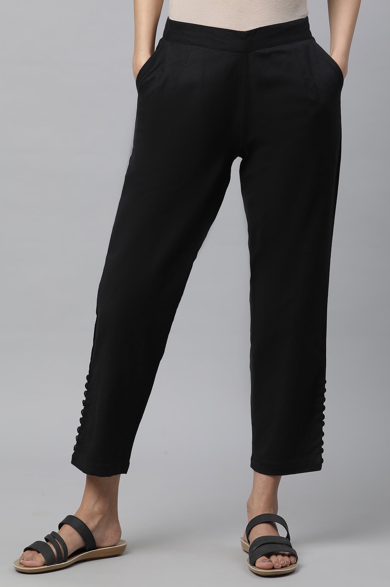 Black Narrow Trousers with Buttons on Hemline