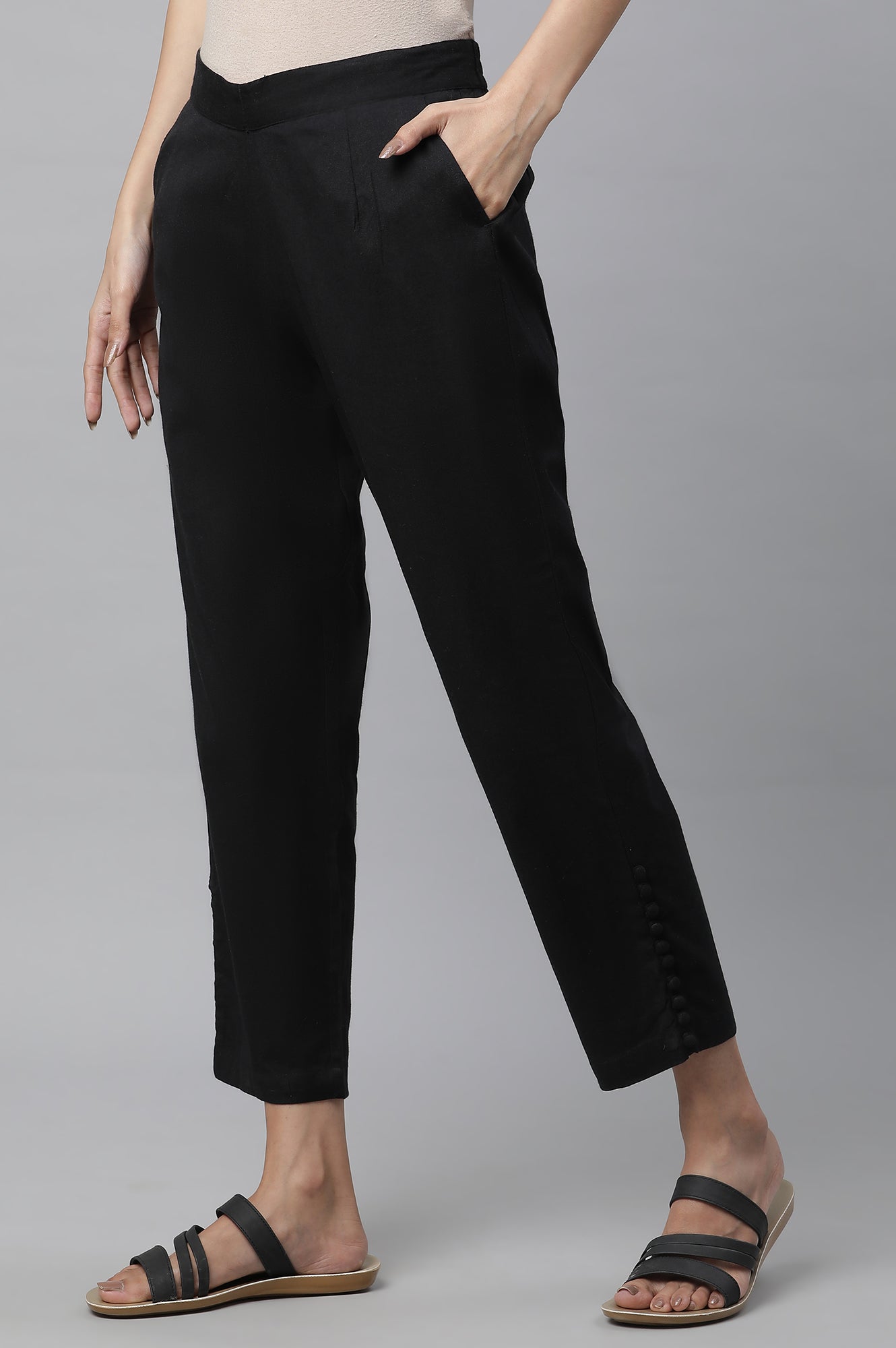 Black Narrow Trousers with Buttons on Hemline