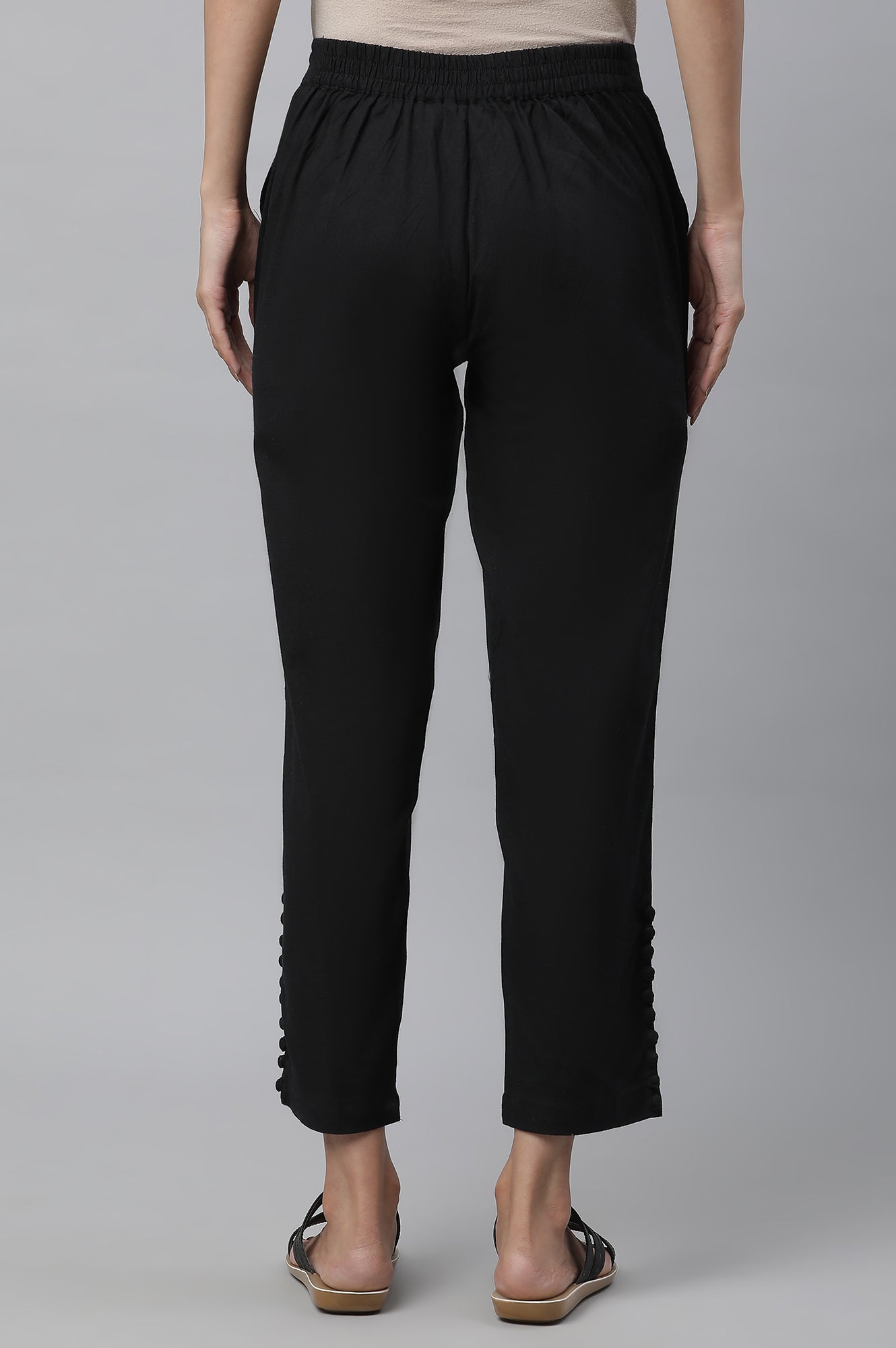 Black Narrow Trousers with Buttons on Hemline