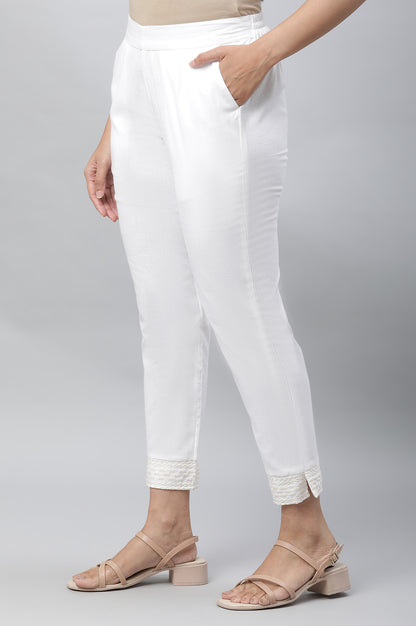 White Basic Trouser with Embroidered Hemline