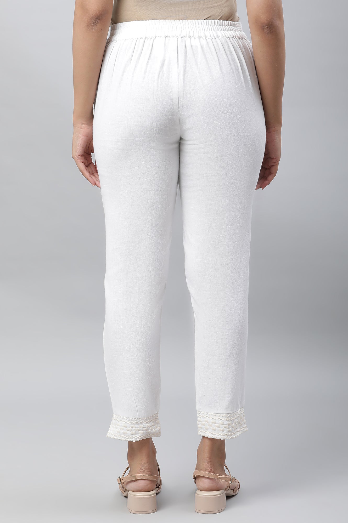 White Basic Trouser with Embroidered Hemline