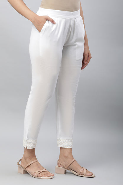 White Basic Trouser with Embroidered Hemline