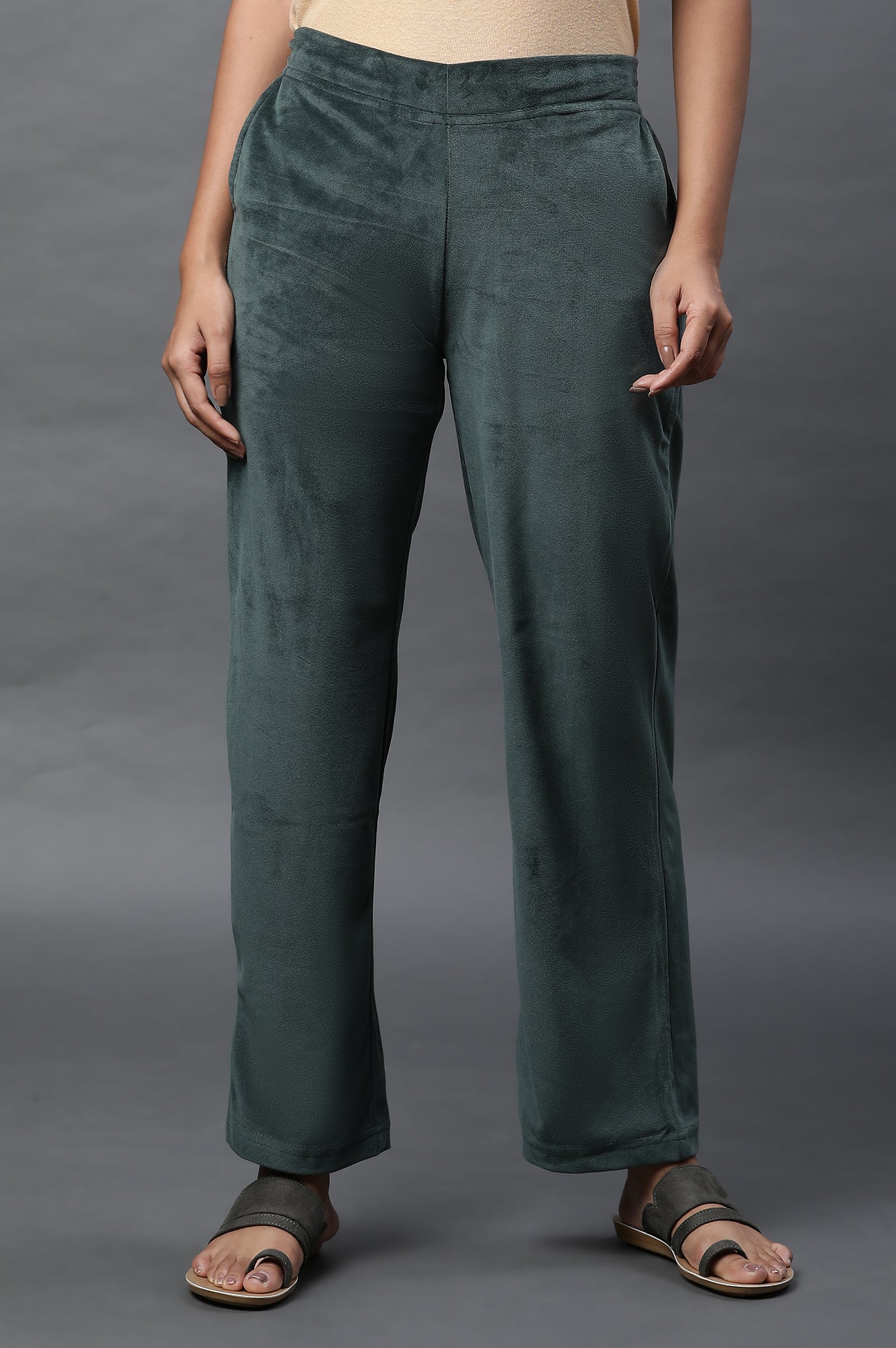 Bottle Green Velvet Straight Pants