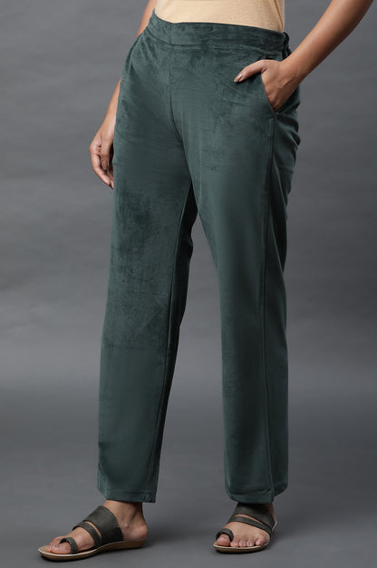 Bottle Green Velvet Straight Pants