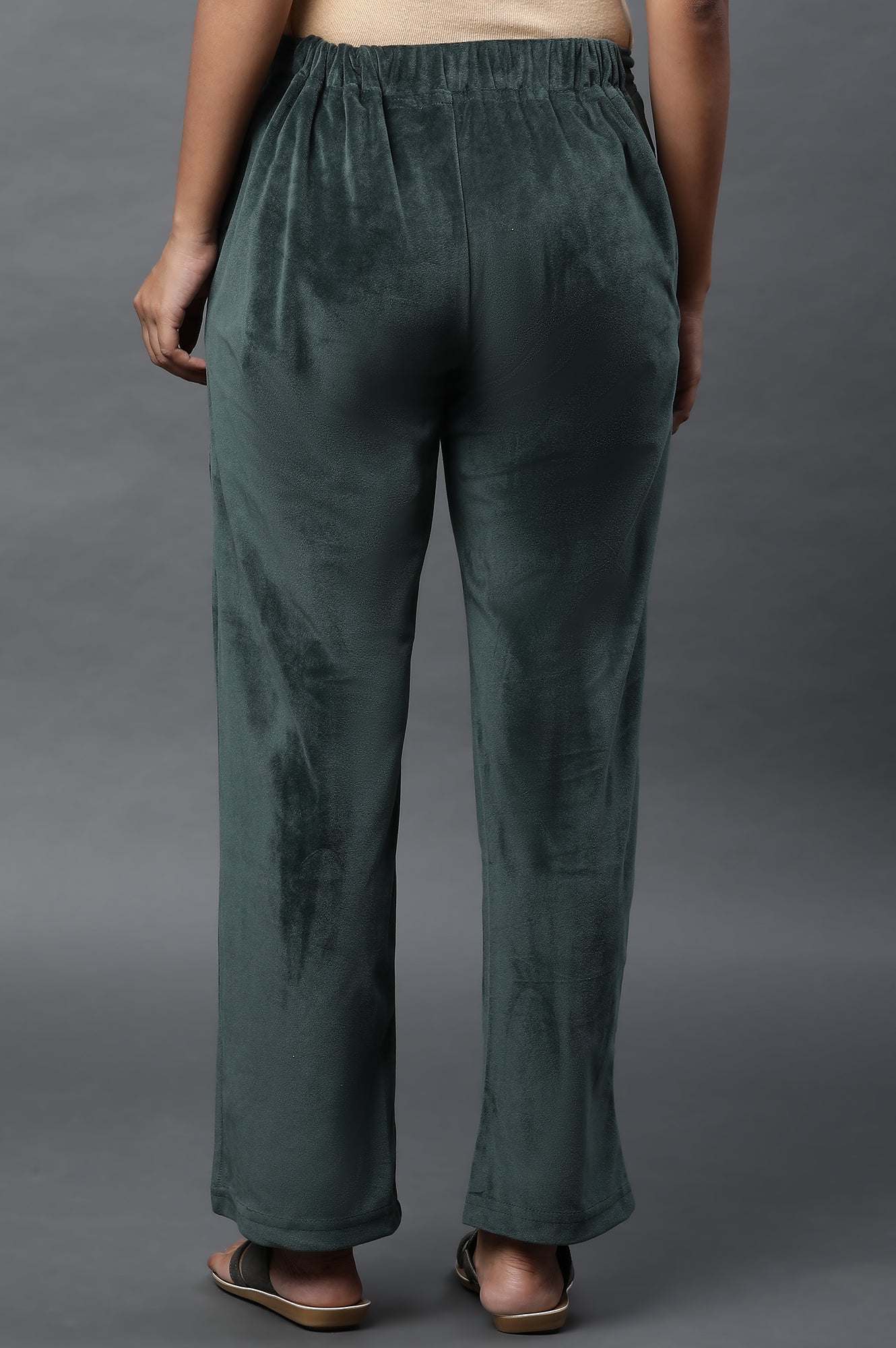 Bottle Green Velvet Straight Pants