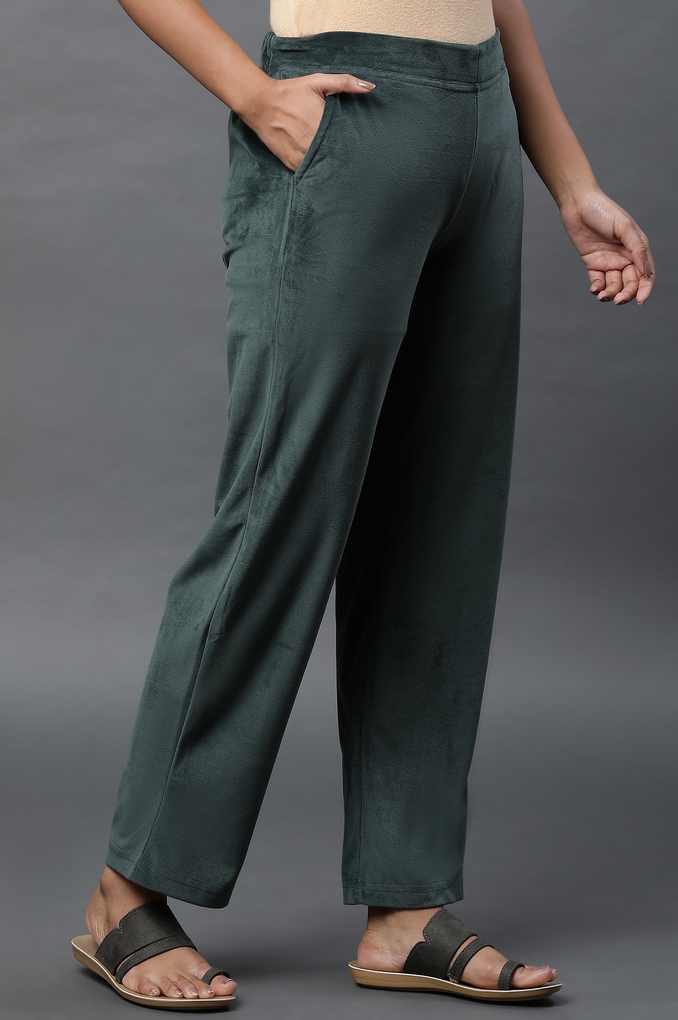 Bottle Green Velvet Straight Pants