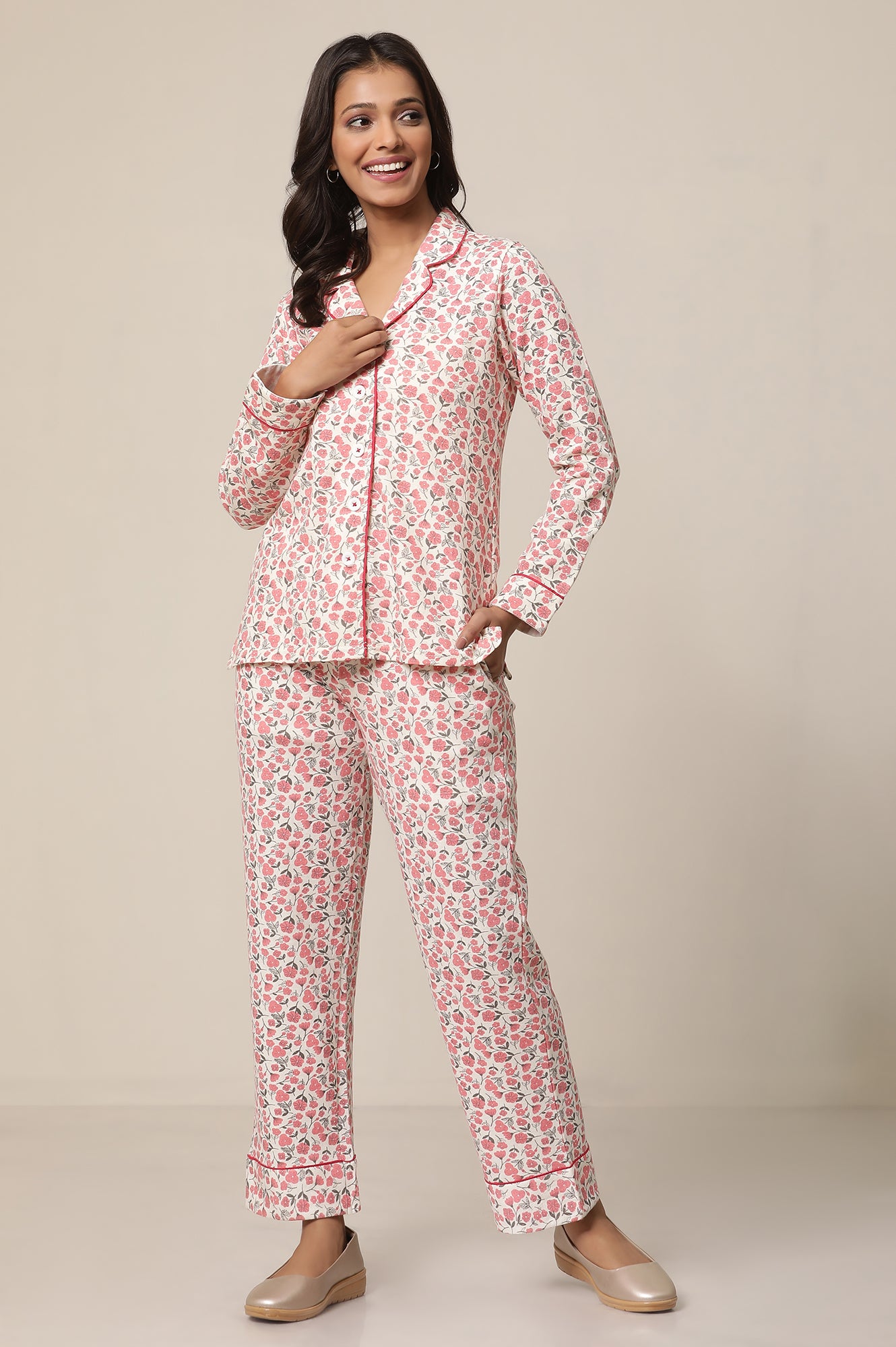 White and Pink Floral Printed Top and Palazzo lounge Wear Set