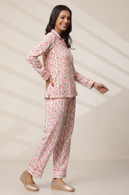 White and Pink Floral Printed Top and Palazzo lounge Wear Set