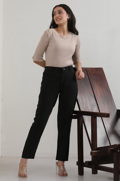 Black Solid Rayon Straight Trousers &amp; Pants