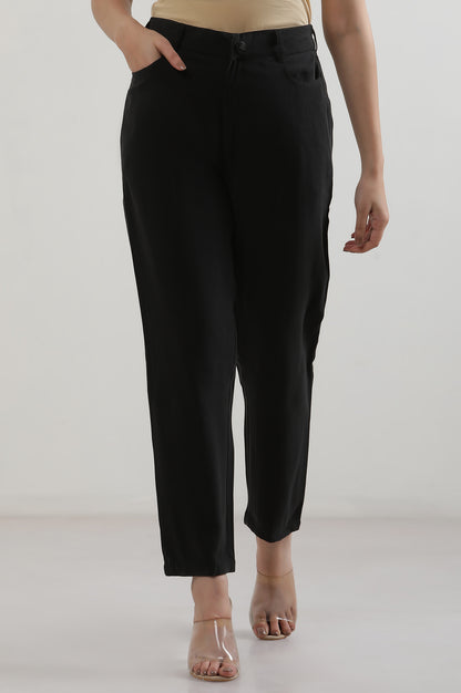 Black Solid Rayon Straight Trousers &amp; Pants