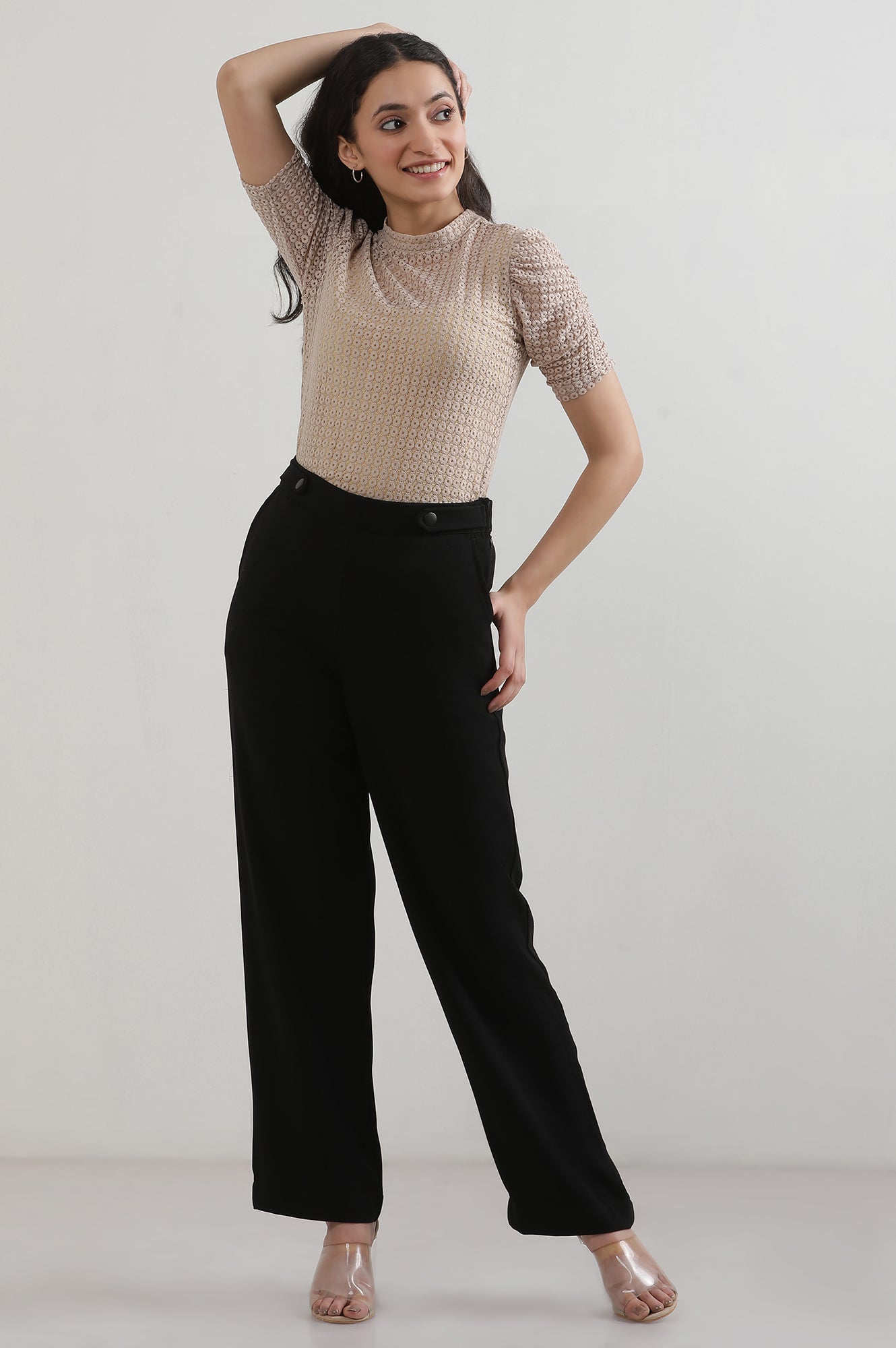 Black Solid Straight Trousers &amp; Pants