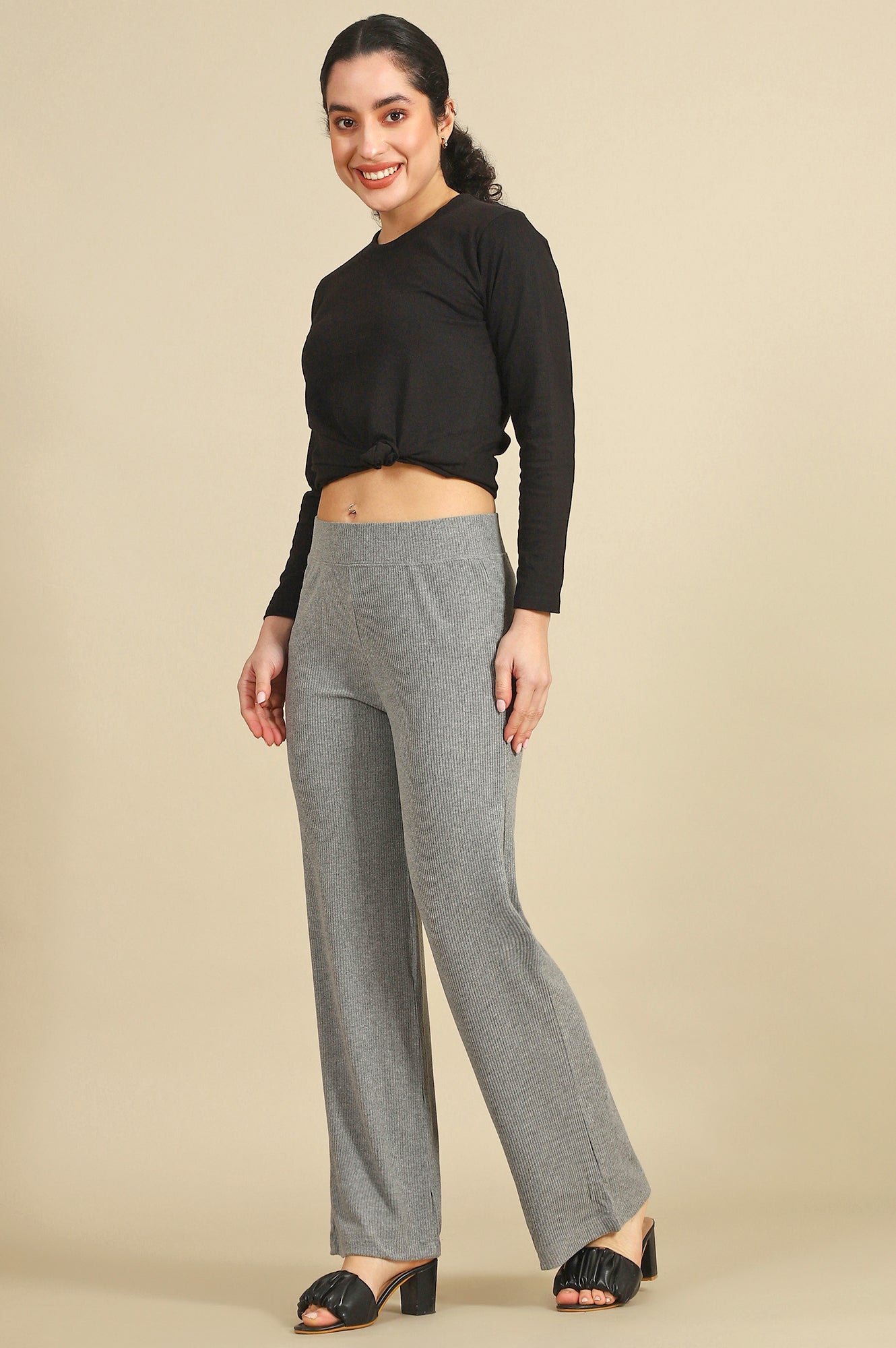 Grey Solid Rayon Straight Trousers &amp; Pants