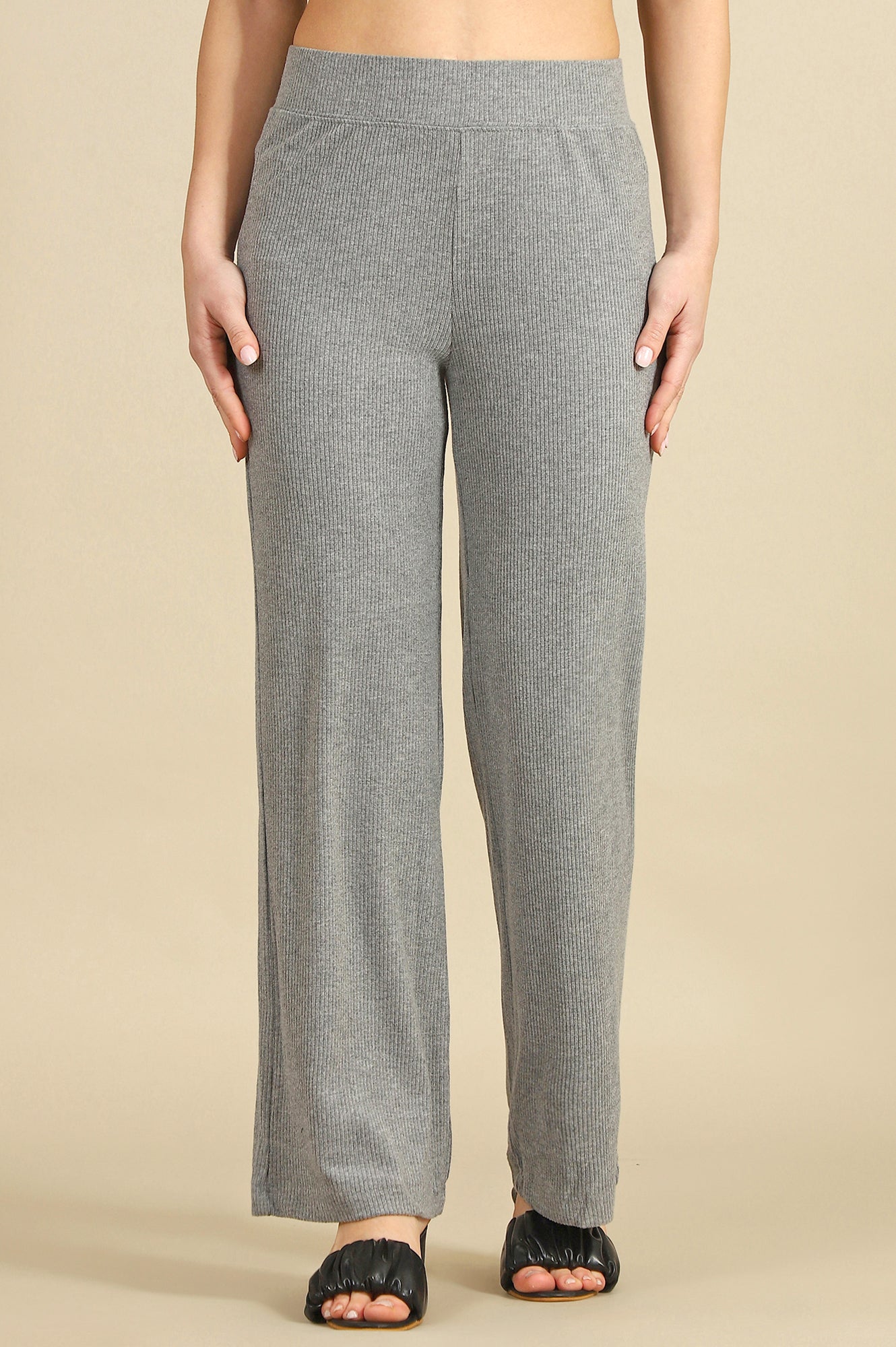 Grey Solid Rayon Straight Trousers &amp; Pants