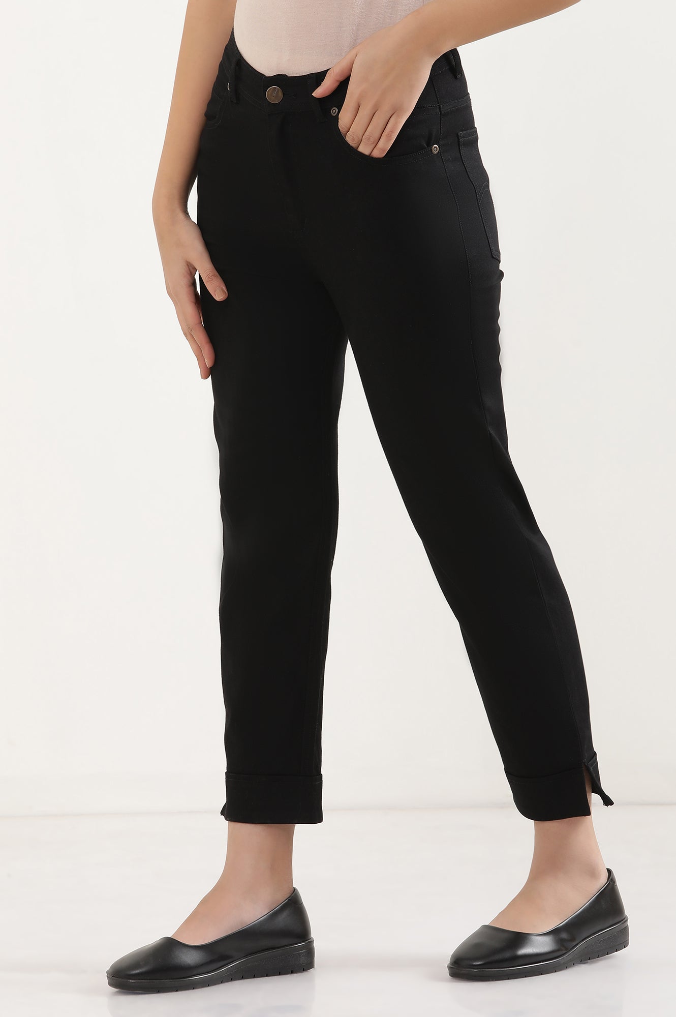 Black Cropped Denim Straight Pants