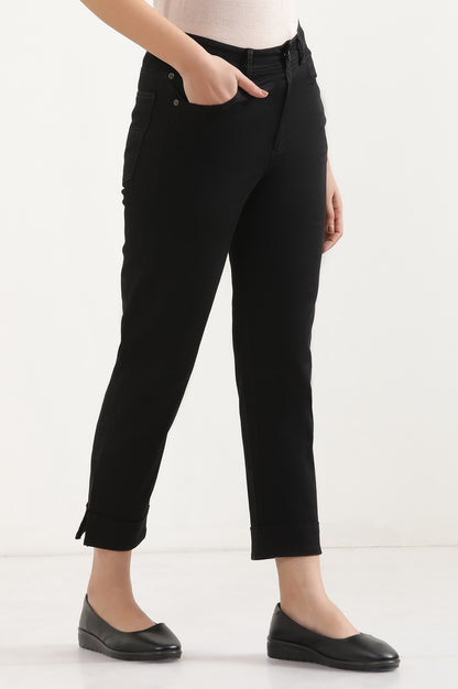 Black Cropped Denim Straight Pants