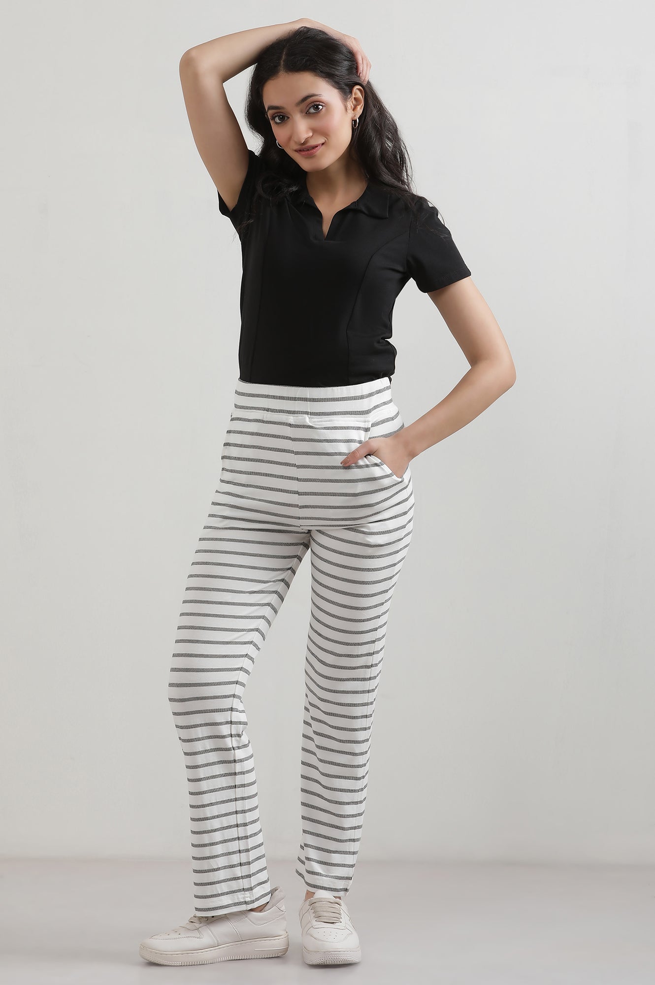 White Yarn Dyed Cotton Blend Straight Trousers &amp; Pants