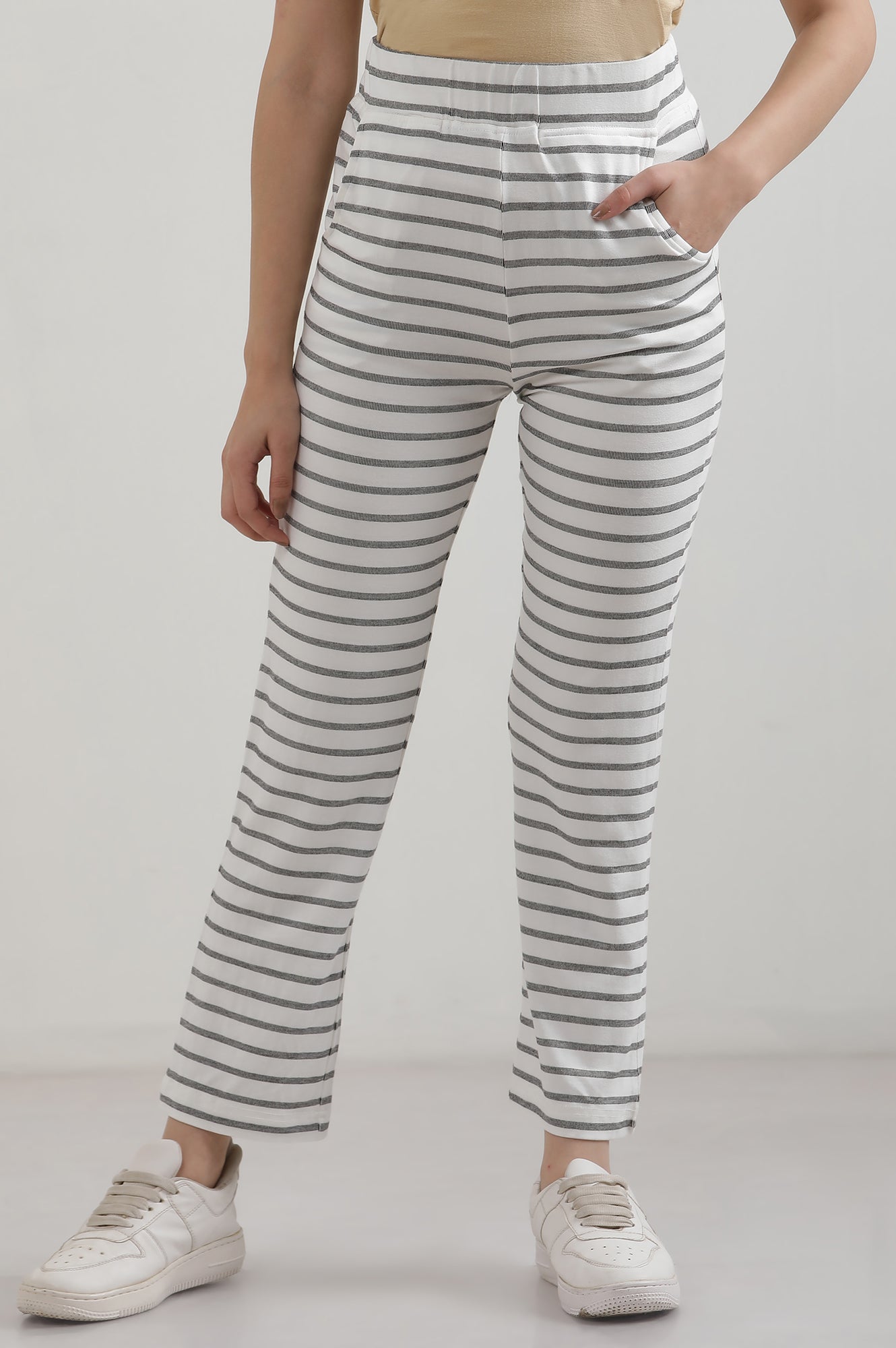 White Yarn Dyed Cotton Blend Straight Trousers &amp; Pants