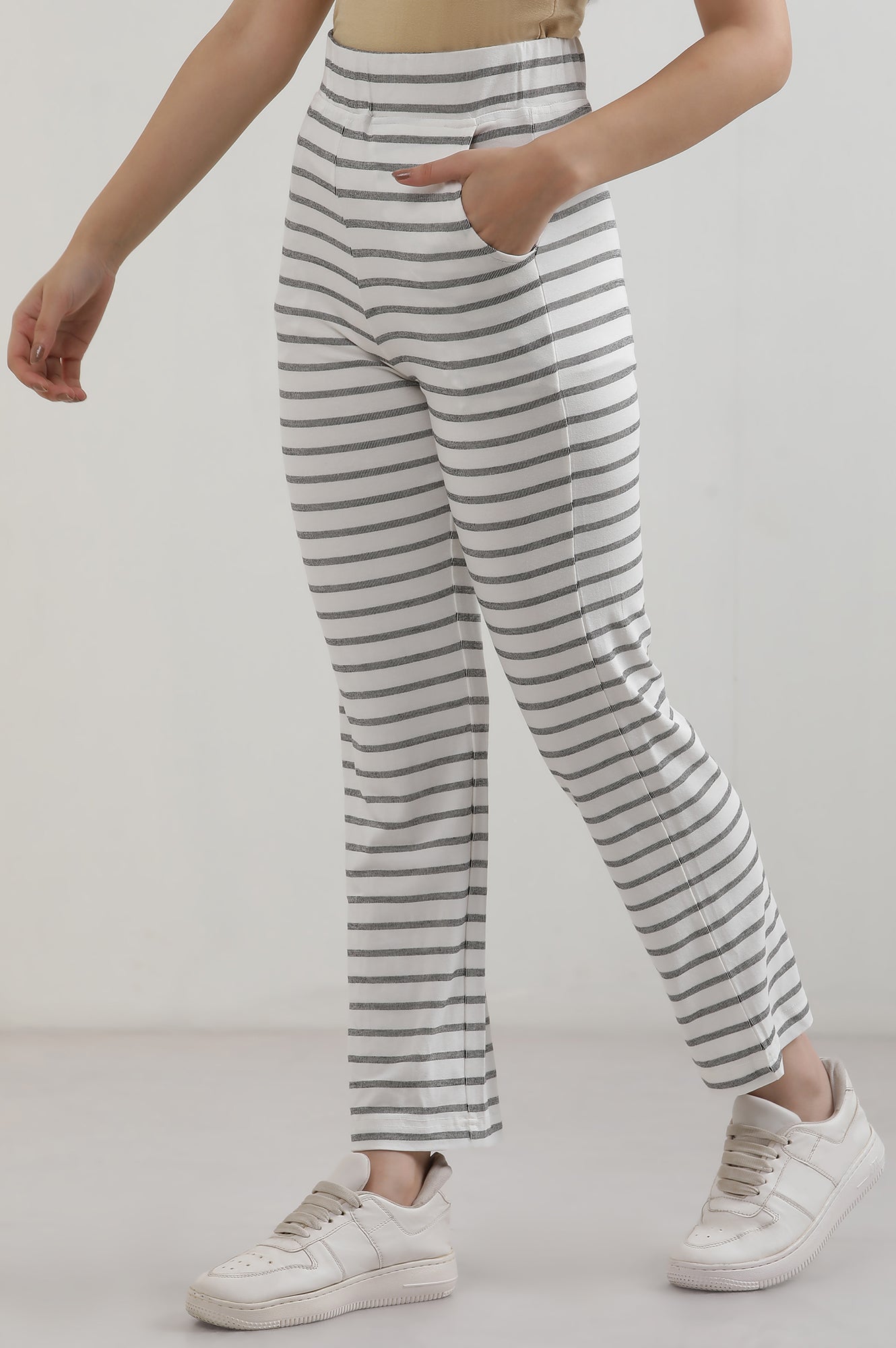 White Yarn Dyed Cotton Blend Straight Trousers &amp; Pants