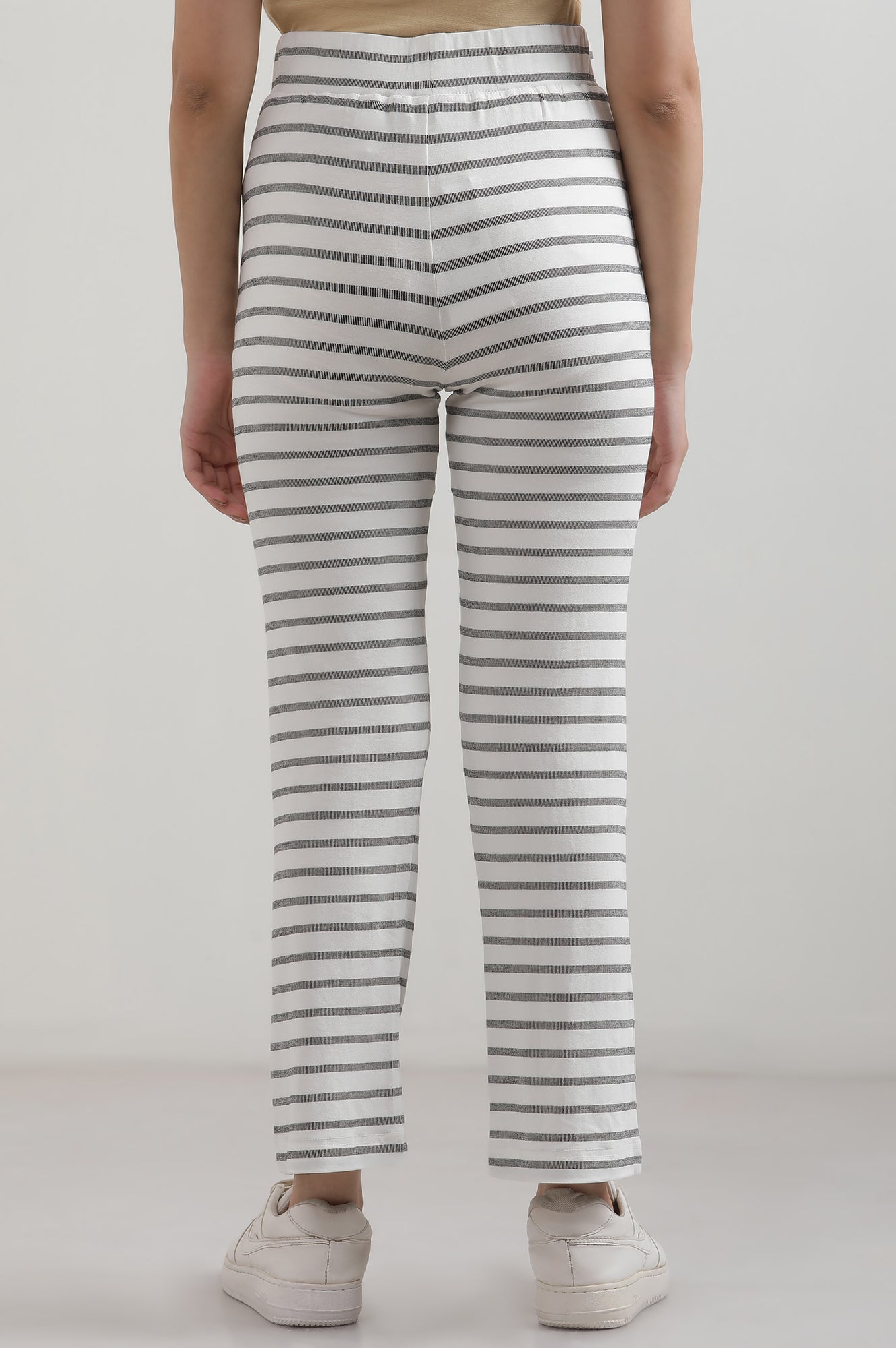 White Yarn Dyed Cotton Blend Straight Trousers &amp; Pants