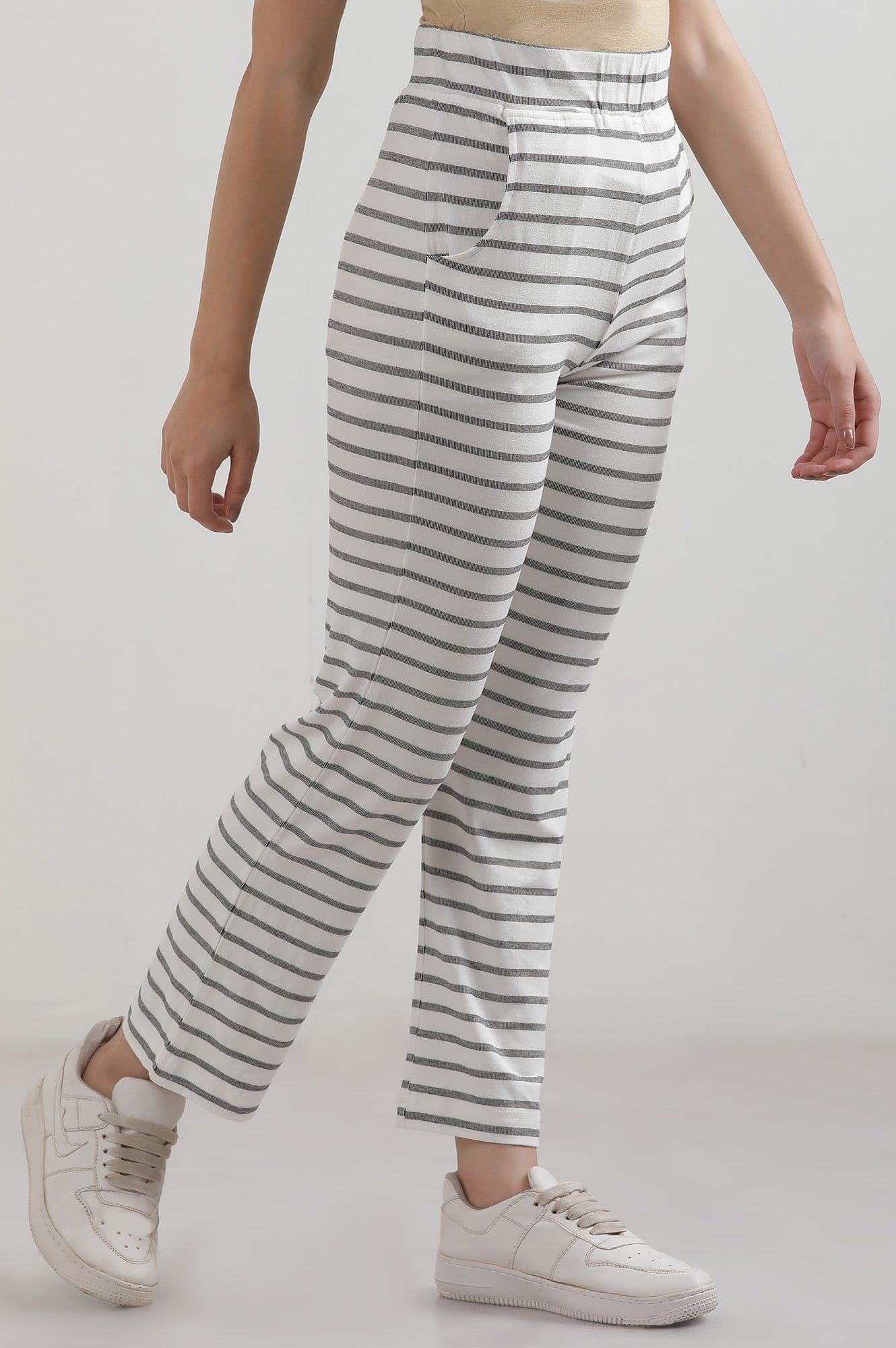 White Yarn Dyed Cotton Blend Straight Trousers &amp; Pants