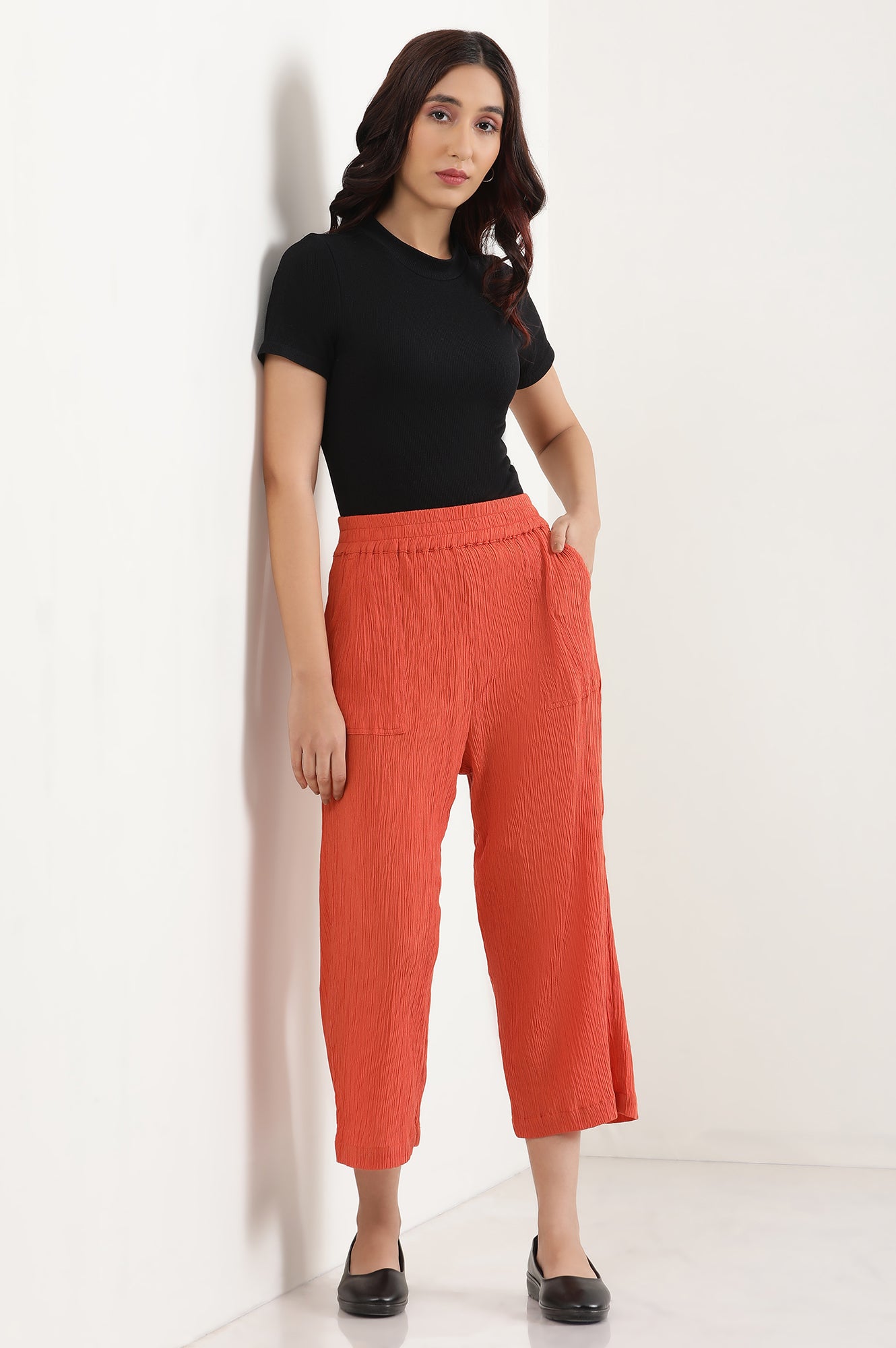 Rust Orange Cropped Crinkle Culottes